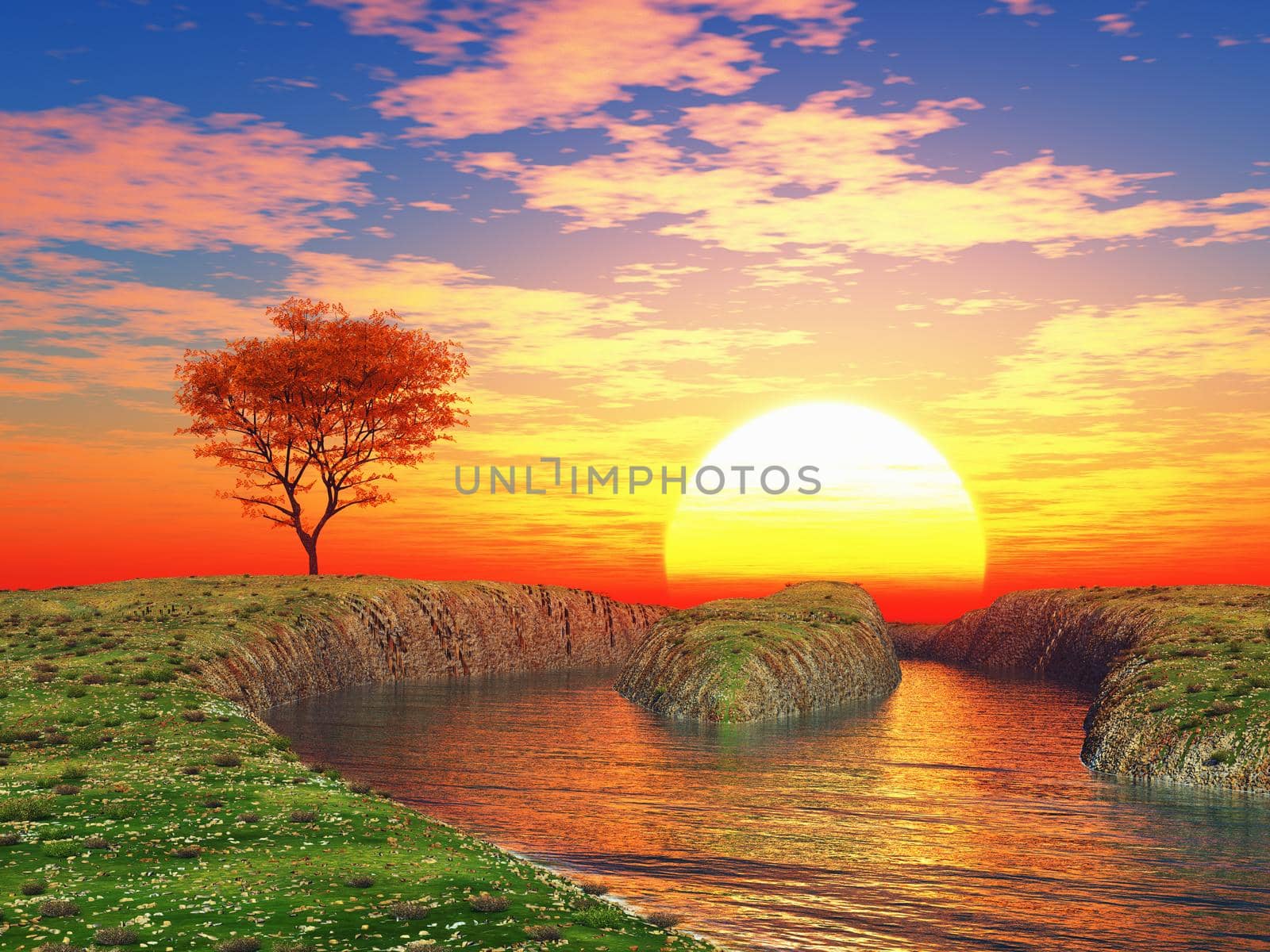 River and lonely tree on a sunset background. 3d rendering.