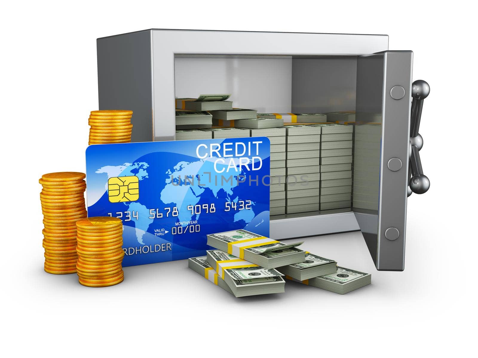 Safe with money and credit card. 3d rendering.