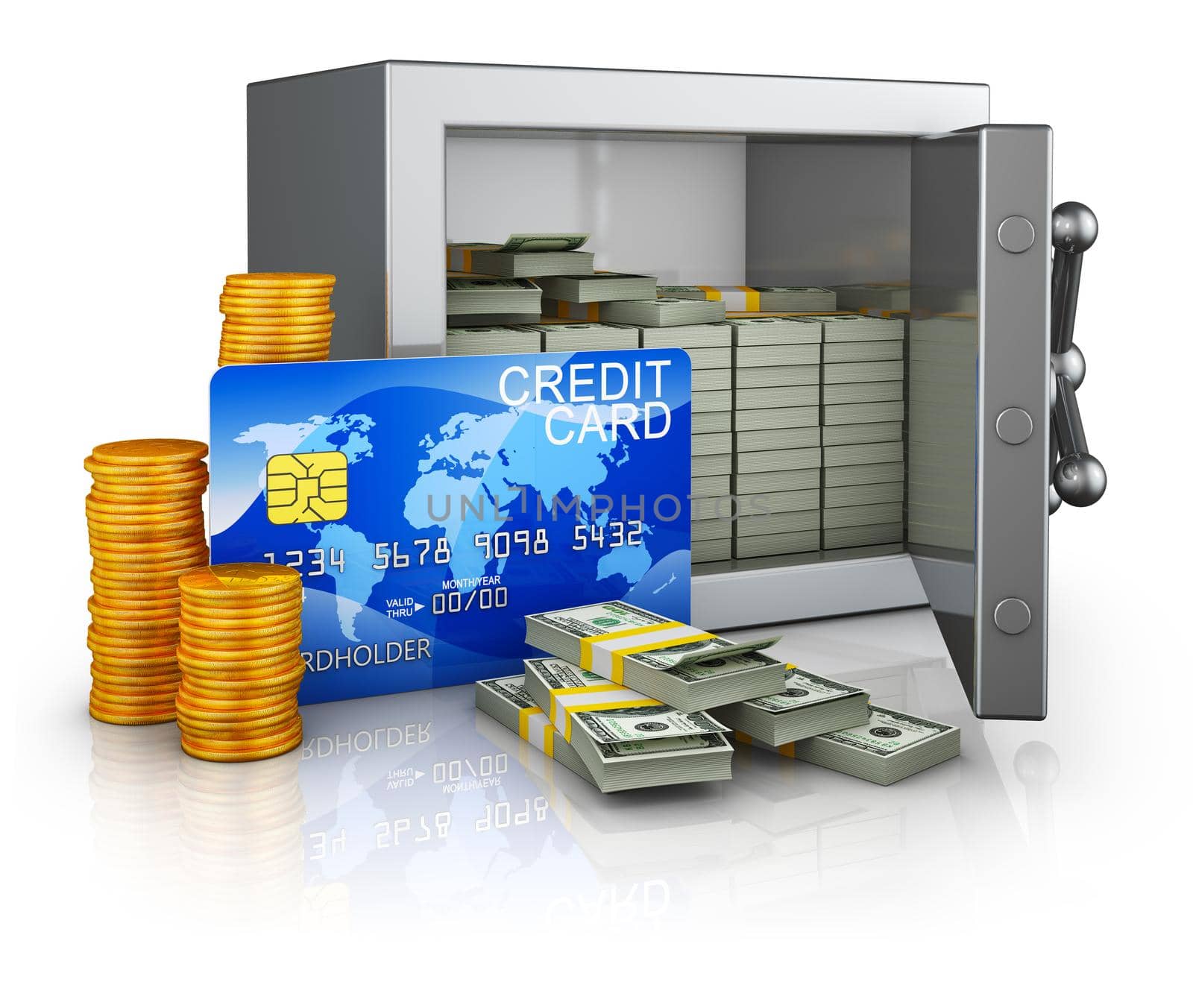 Safe with money and credit card. 3d rendering.
