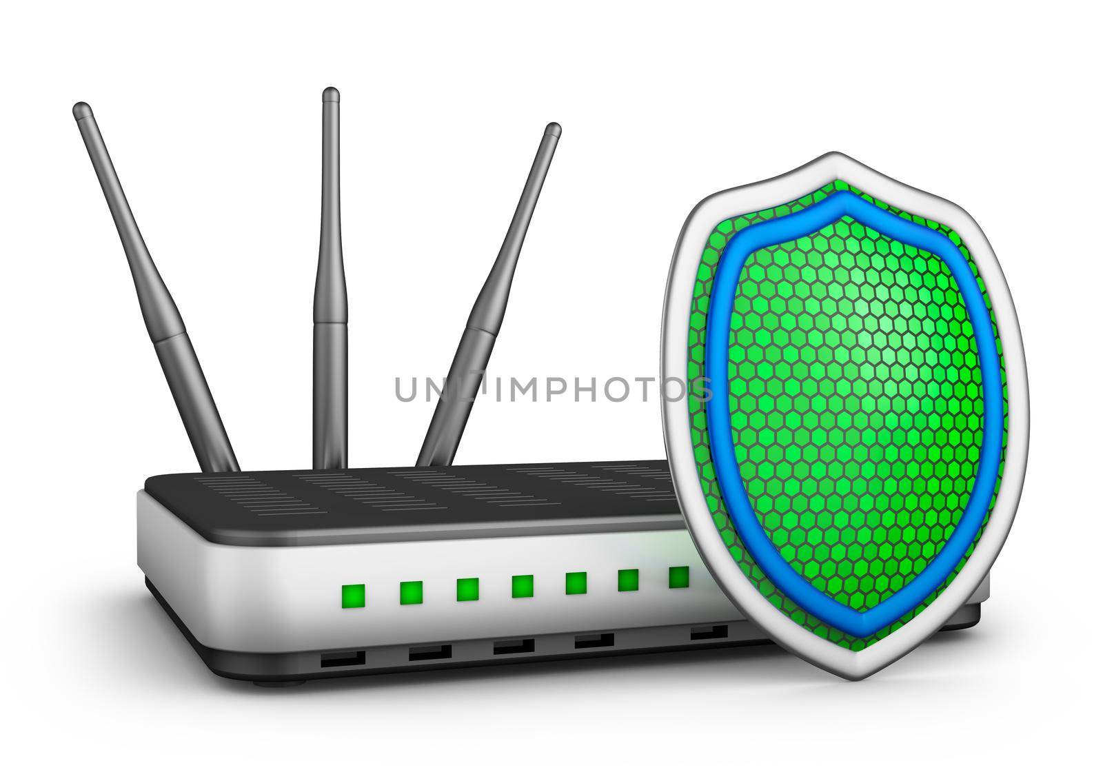 Green shield and a router. 3d rendering.