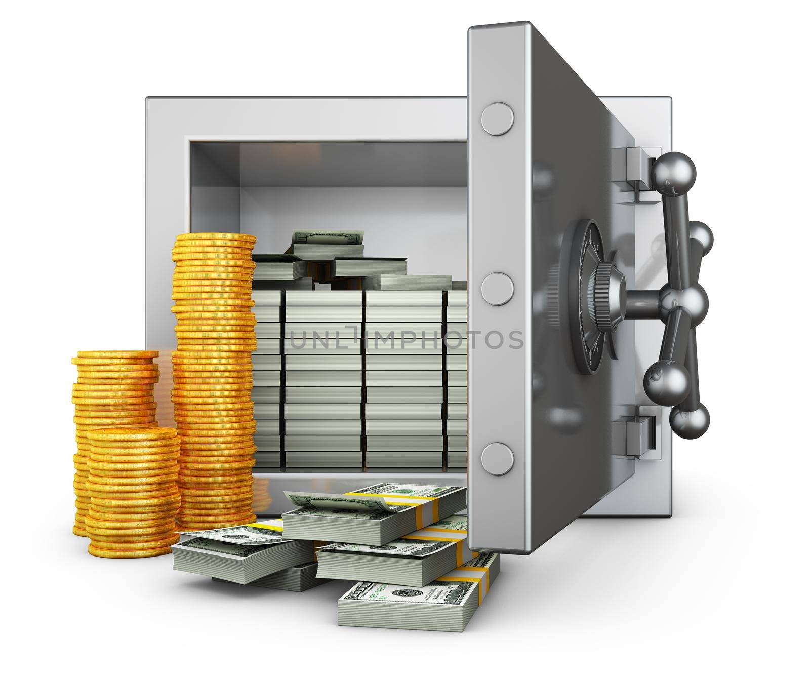 Safe with dollars and piles of coins. 3d rendering.