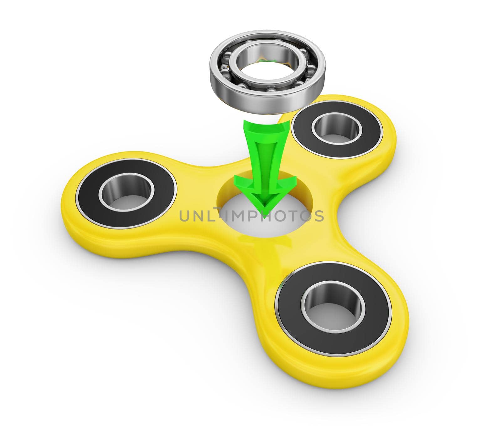 Spinner yellow and ball bearing. 3d rendering.