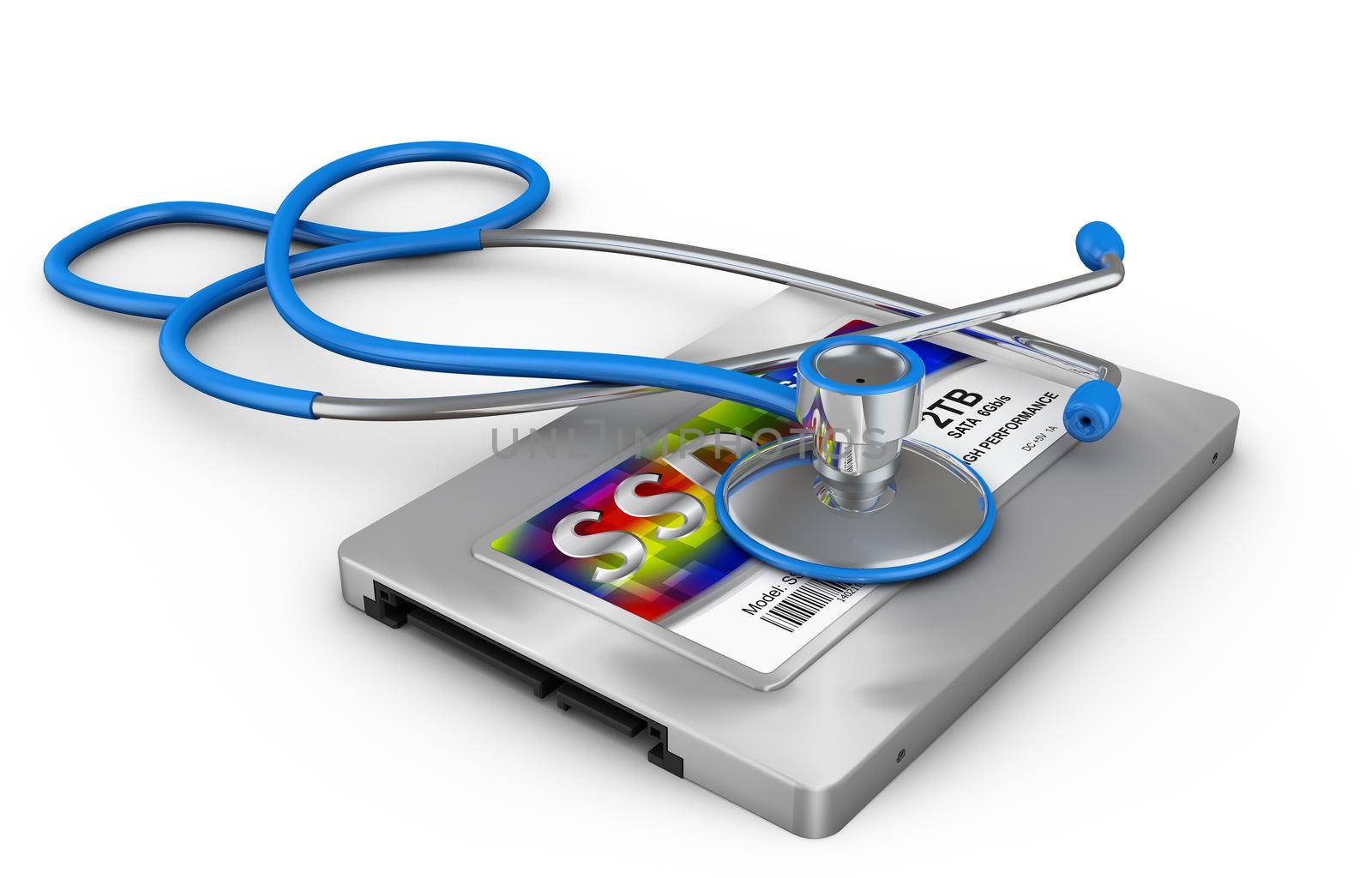 Hard disk type ssd and stethoscope. 3d rendering.