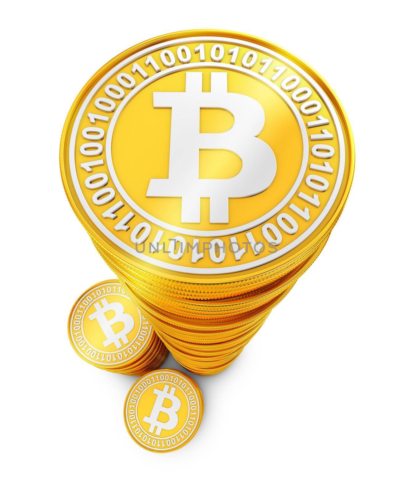 Top view of stacks of coins of bitcoins. 3d rendering.