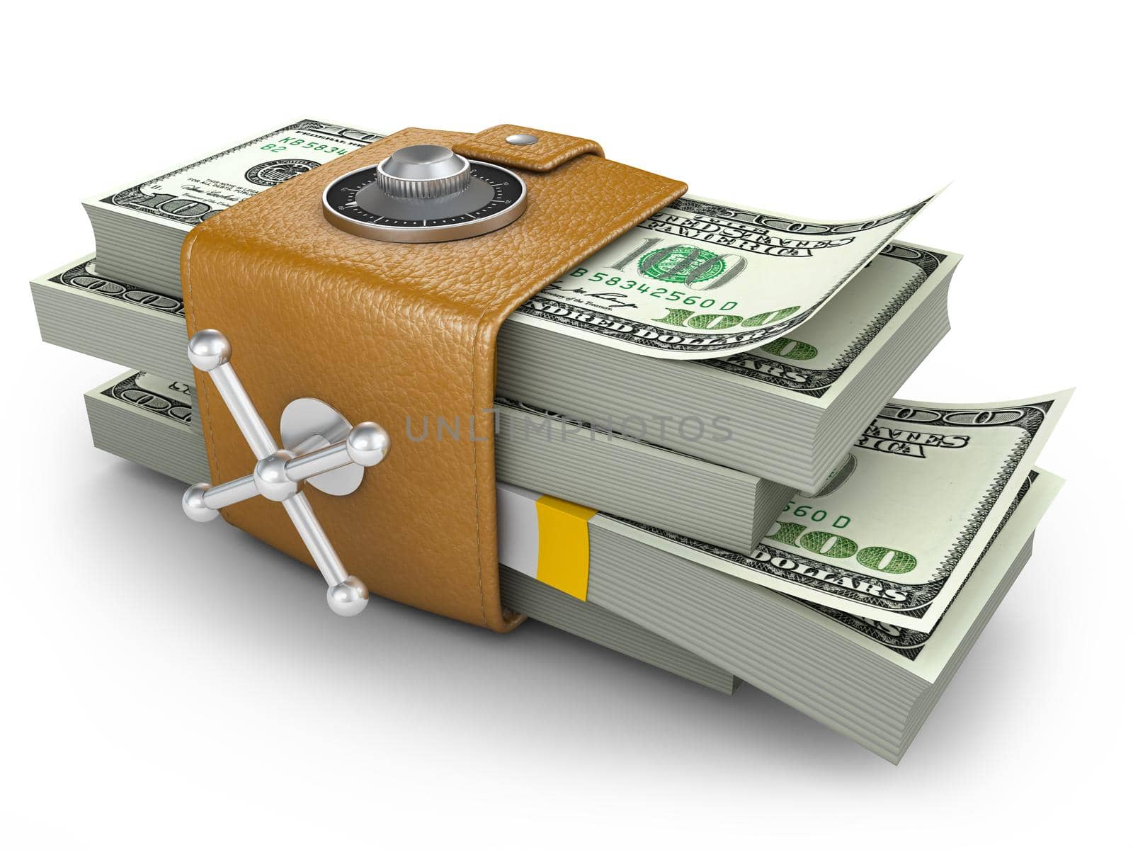 Swollen purse in the form of a combination lock, which has a pack of dollars. 3d rendering.
