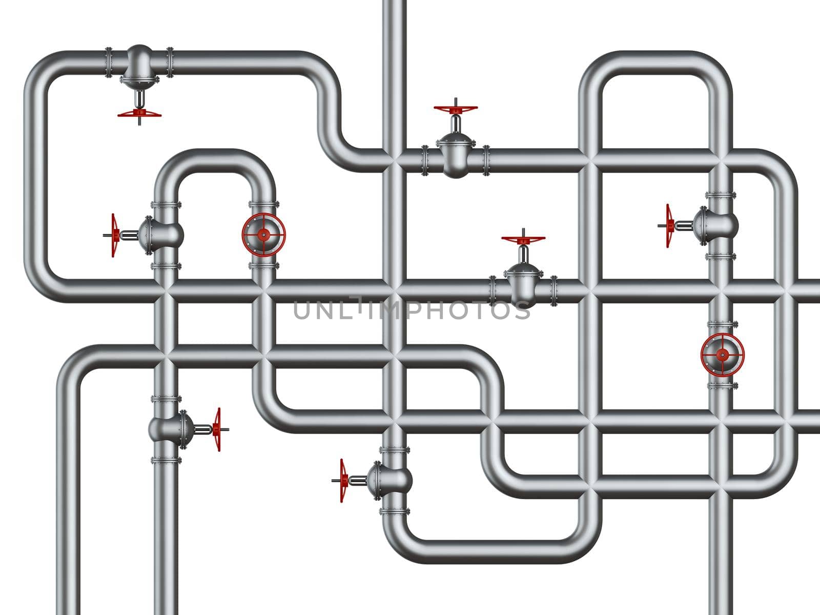 Glossy pipes and valves connection. 3d render.