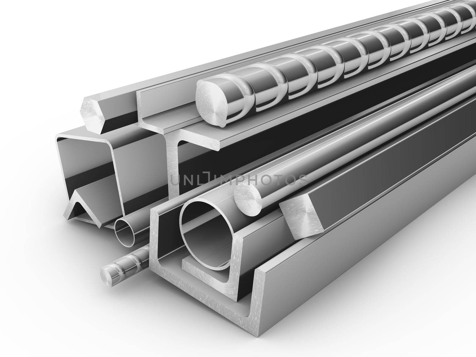 steel products for construction on a white background. 3d rendering.