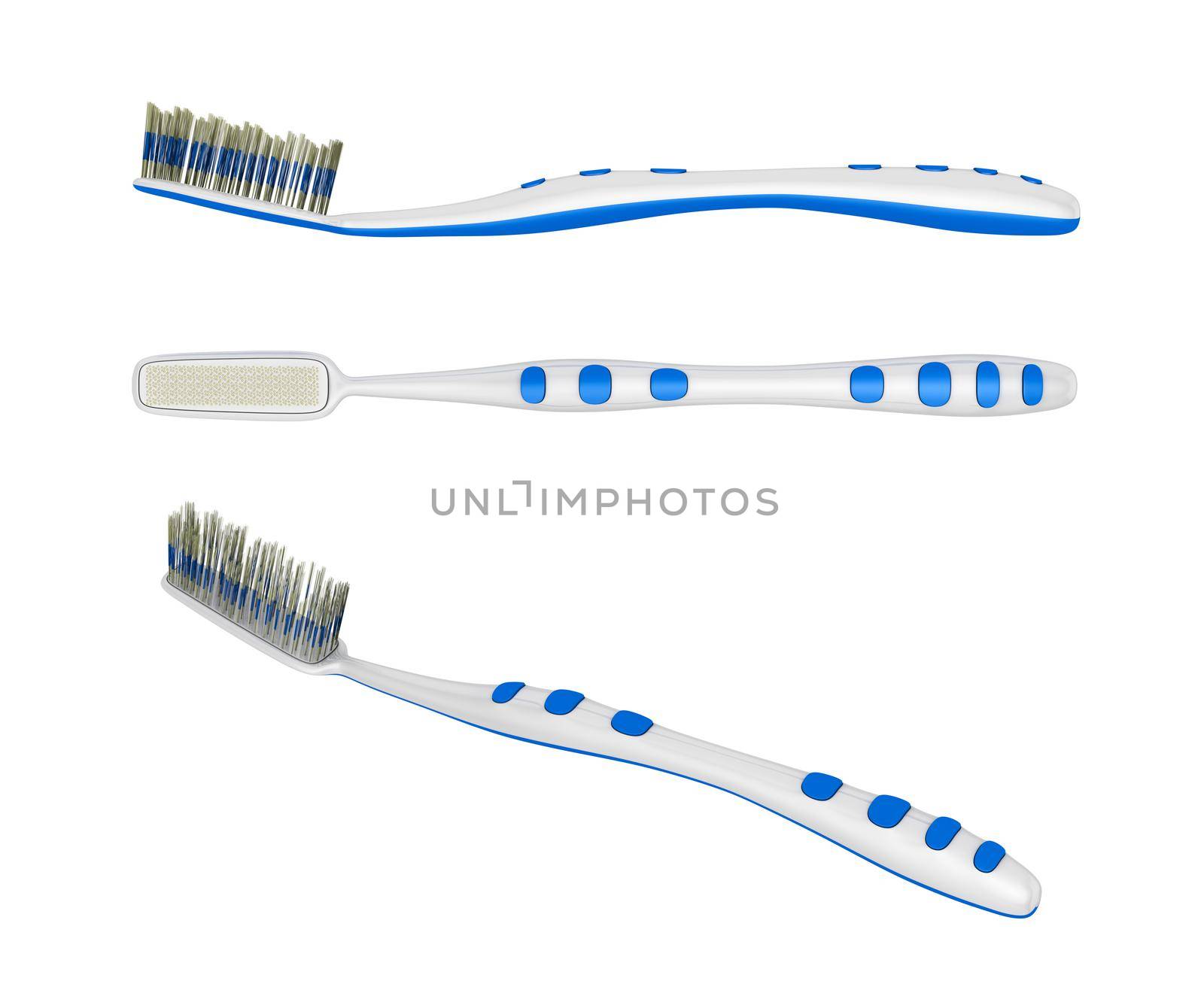 three toothbrushes on white background. 3d rendering.