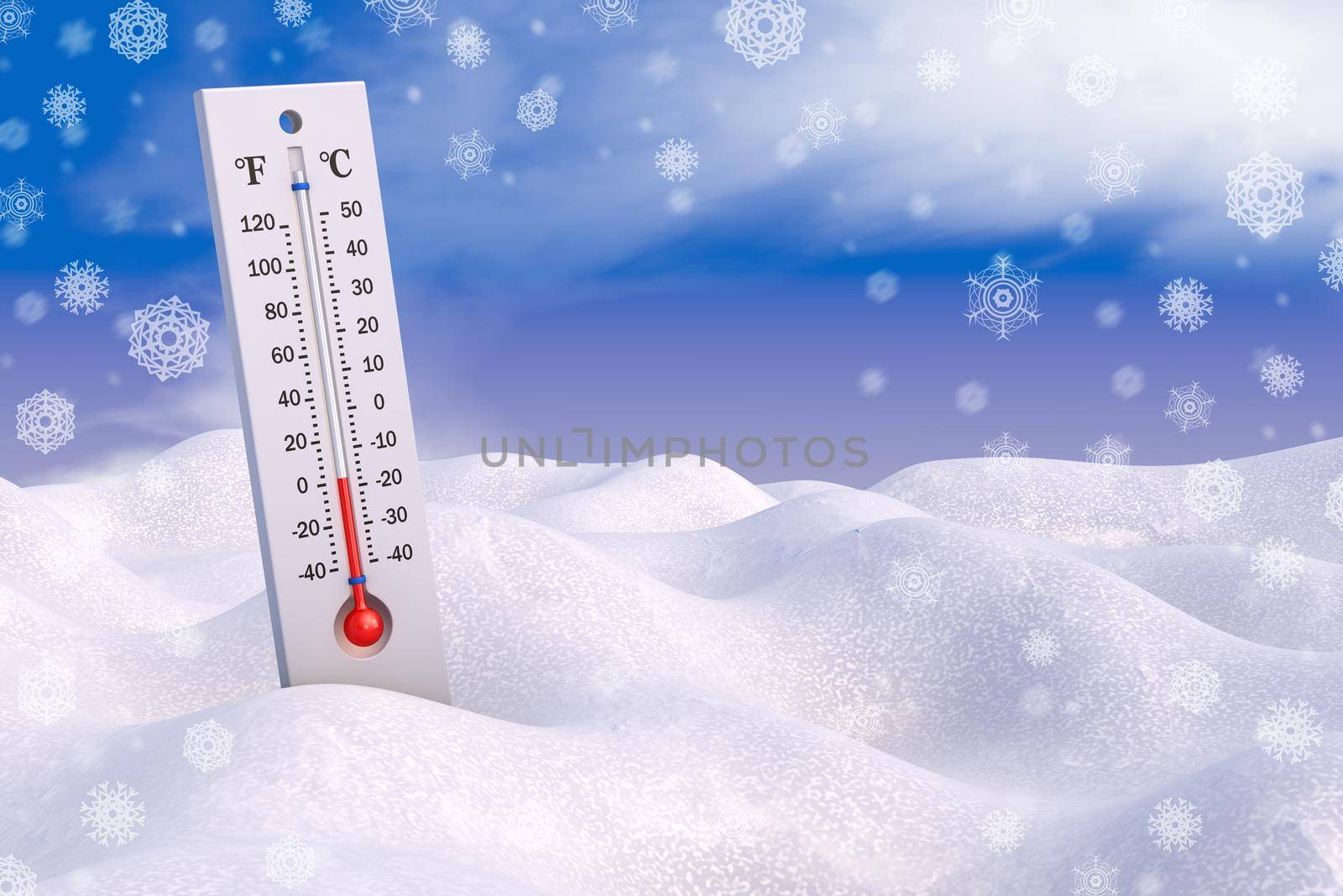 Thermometer in the snow against the background of the sky and snowflakes. 3d rendering.