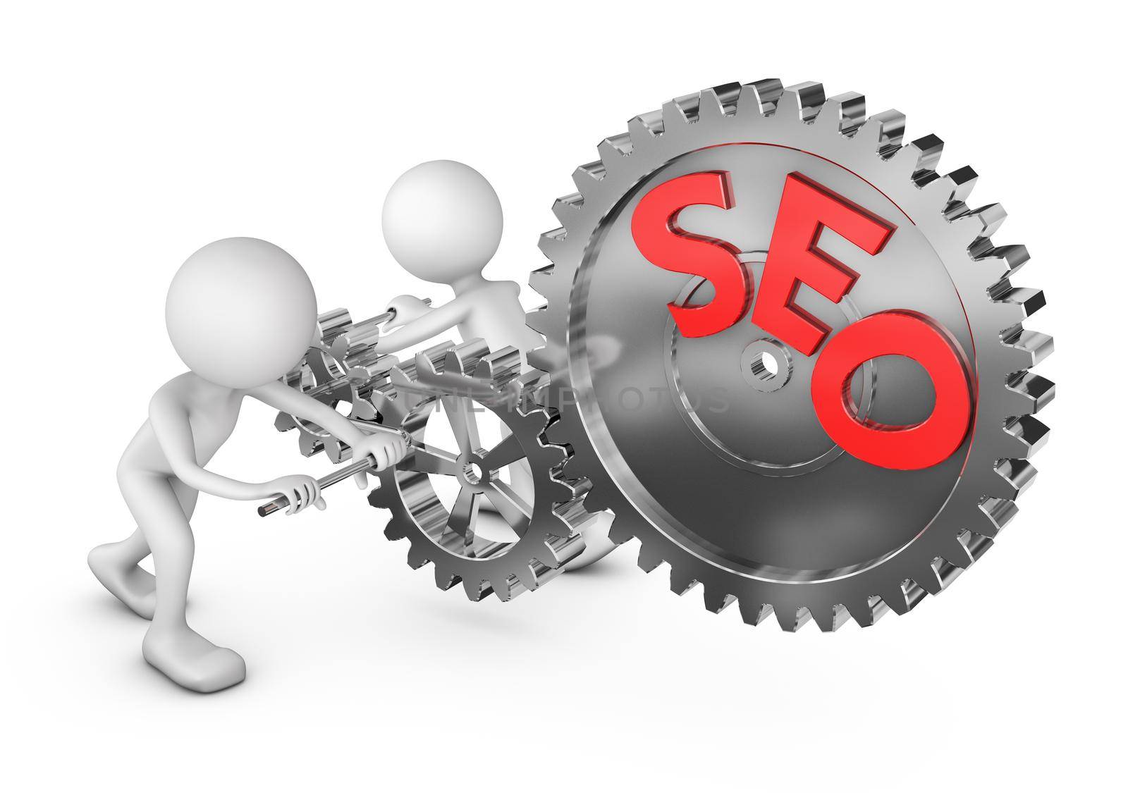 Two people twist gear with SEO. 3d rendering.