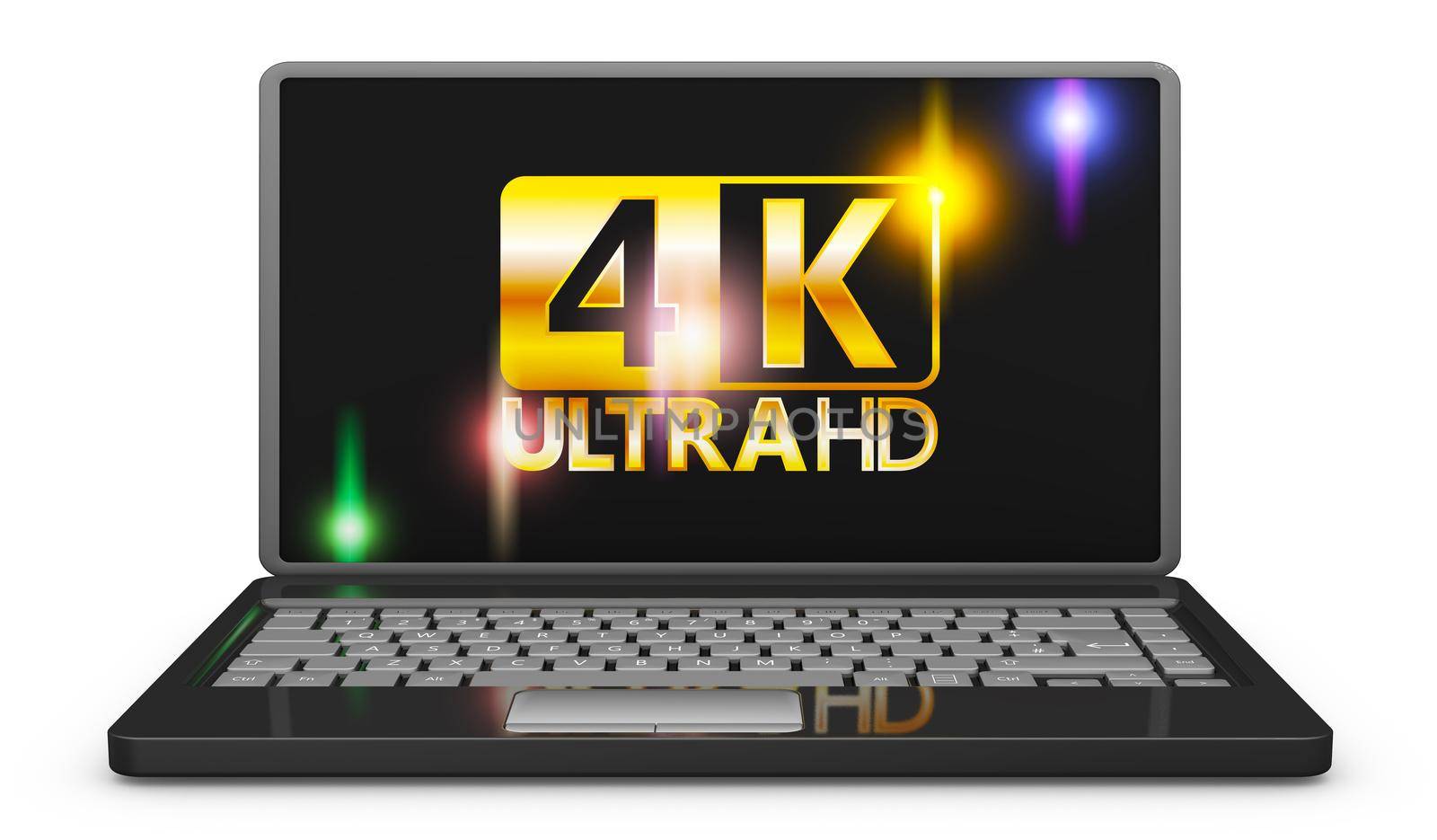 4K laptop on a white background, 3d render.