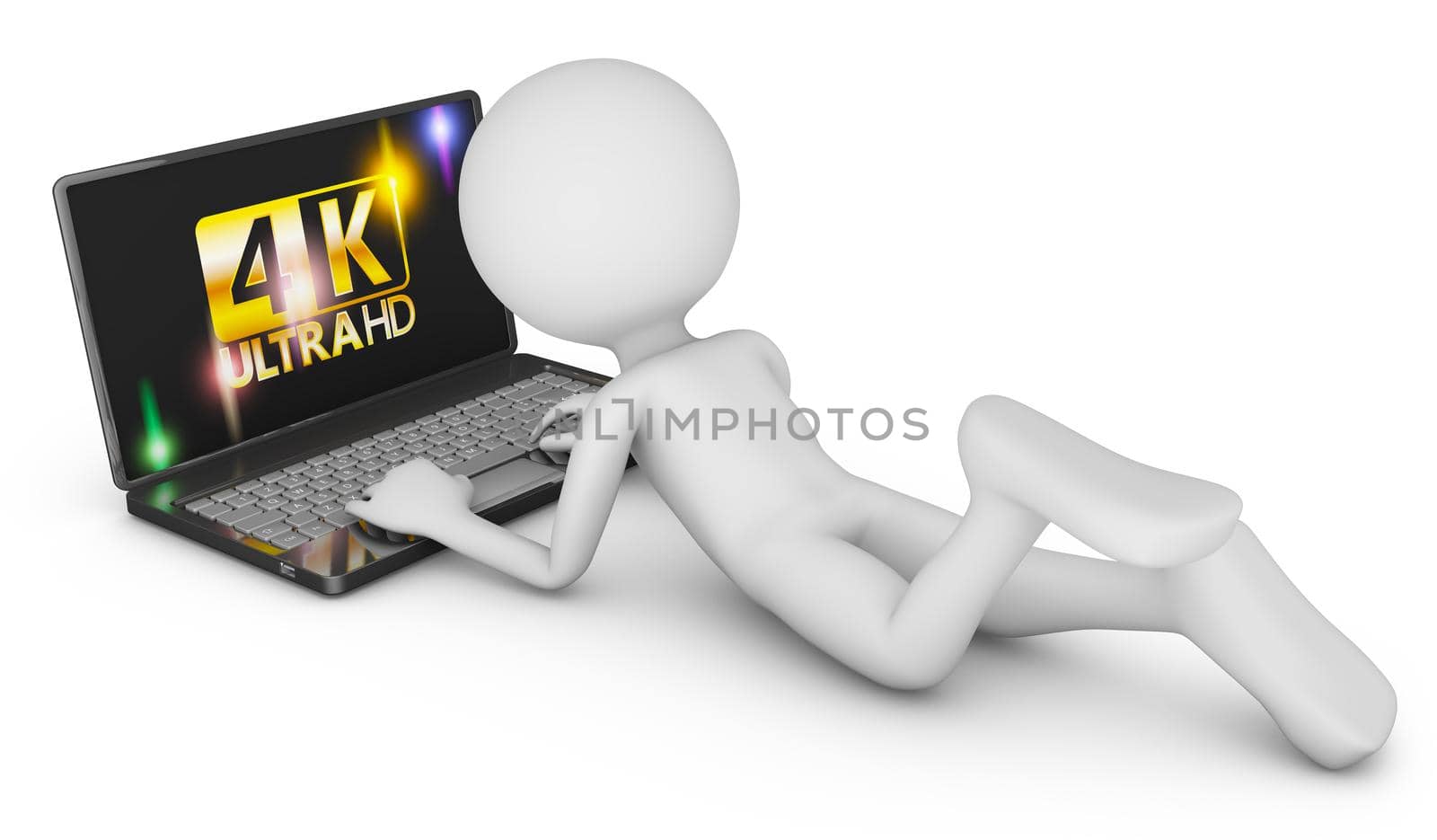 4K laptop and man on a white background, 3d render.