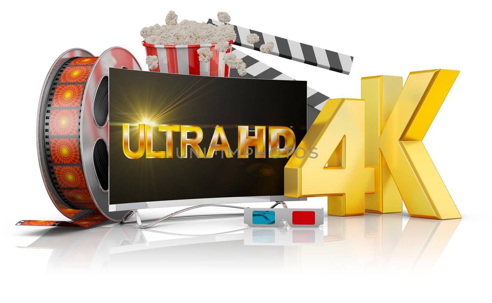 TV  popcorn and film strip on a white background. 3D rendering.