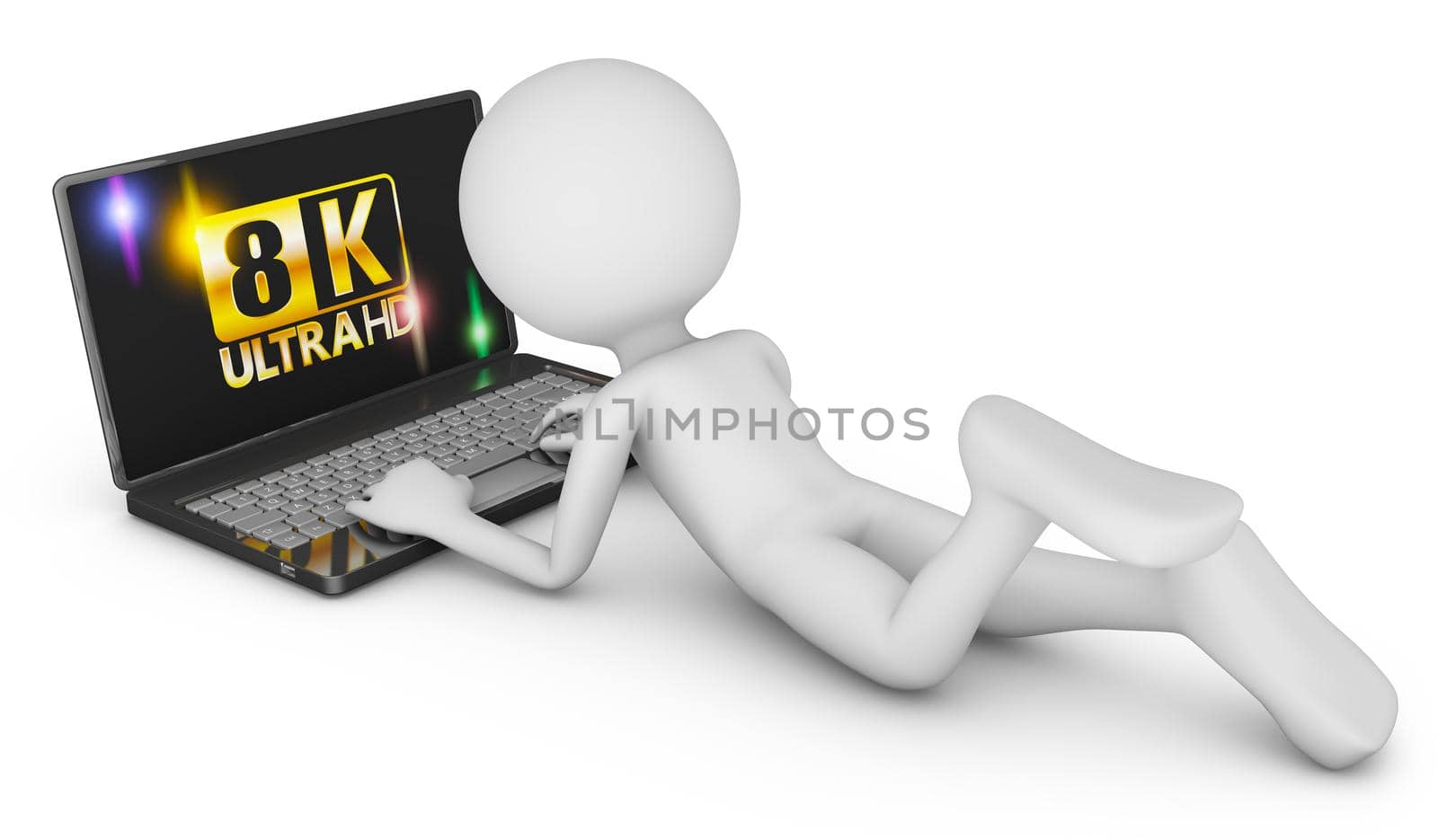 8K laptop and man on a white background, 3d render.