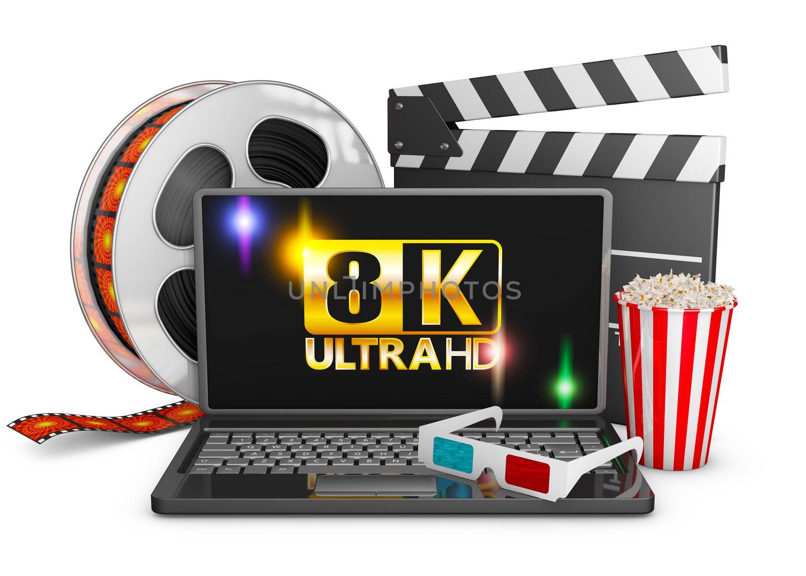 8K laptop, popcorn and film strip on a white background, 3d render.