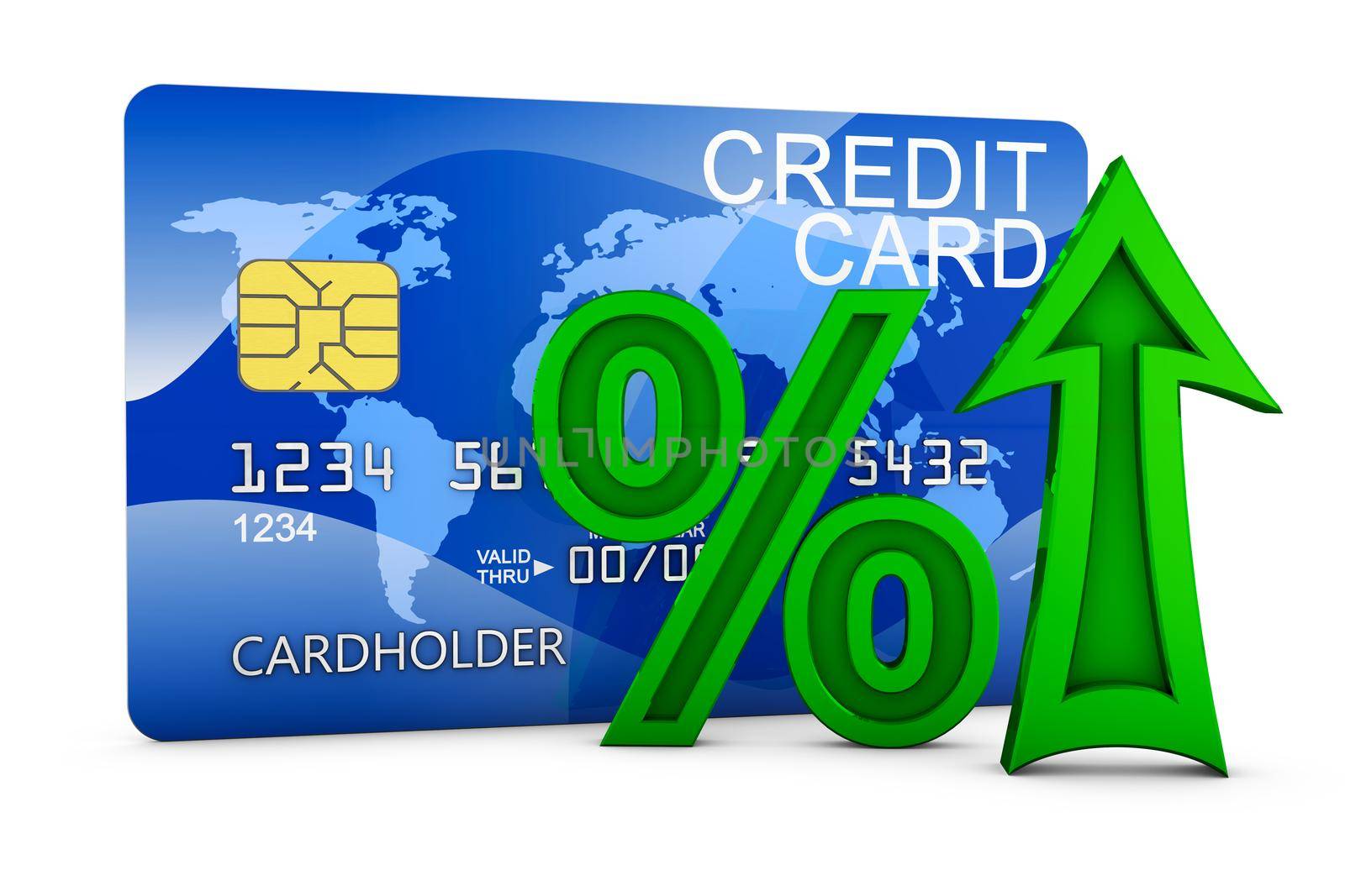 arrow percentages and credit card. 3d render.