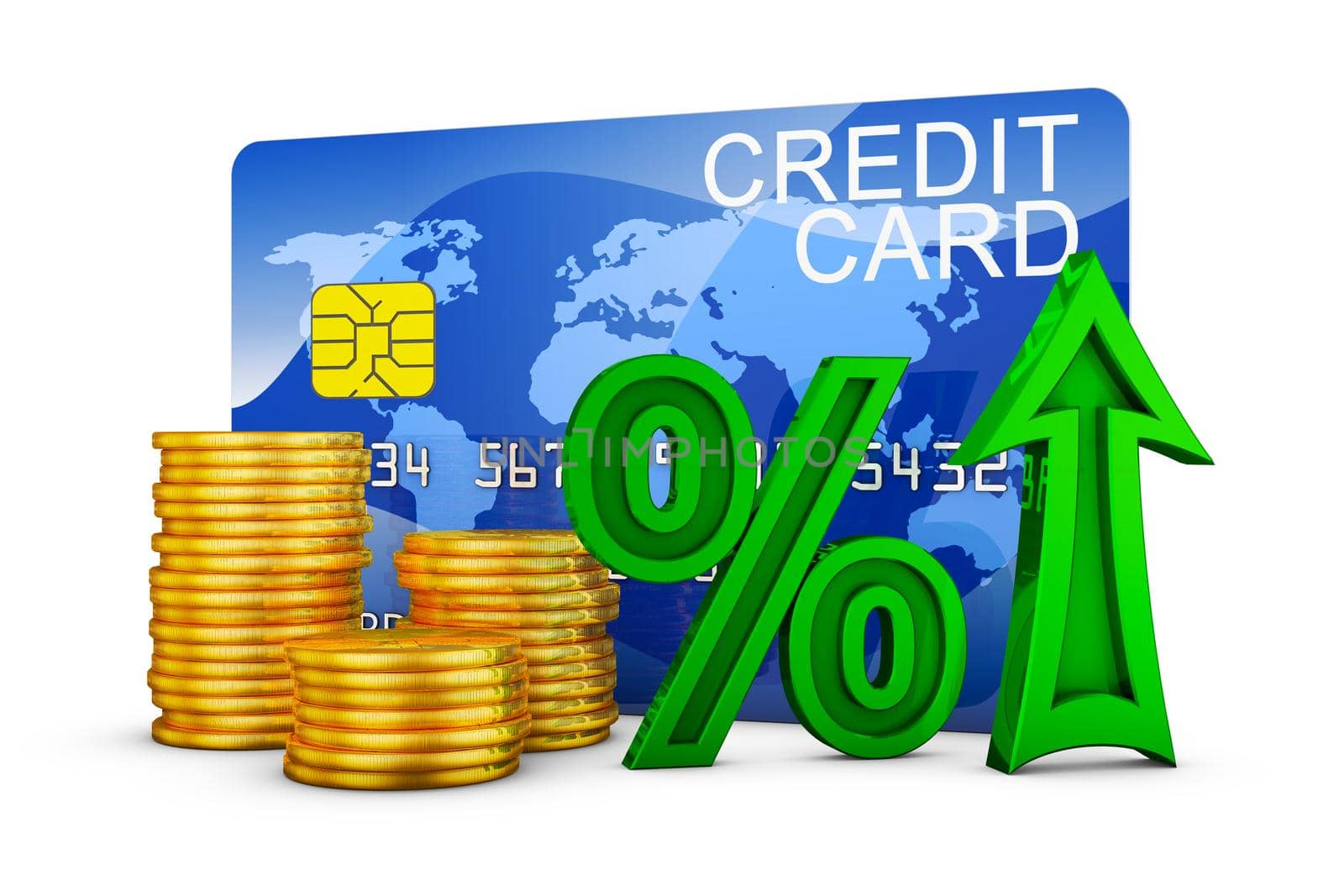 percentages and credit card near the stacks of coins. 3d render.