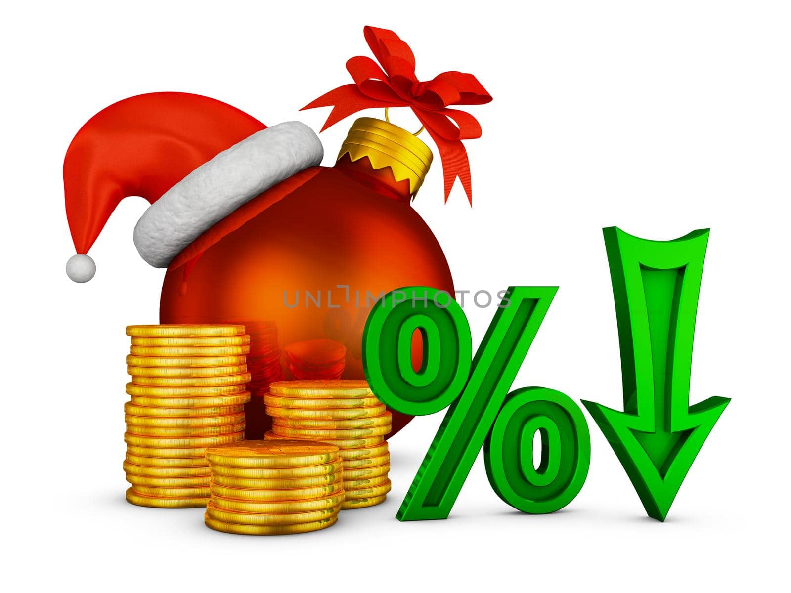 arrow percent near the stacks of coins and Christmas ball. 3d render.