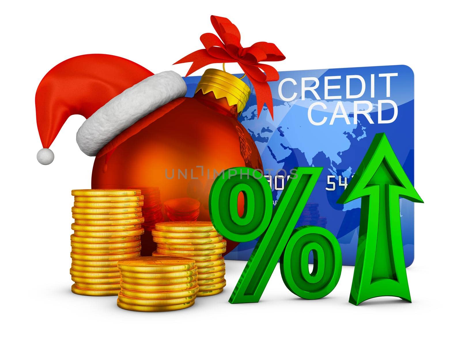 percentages and credit card near the stacks of coins and Christmas ball. 3d render.
