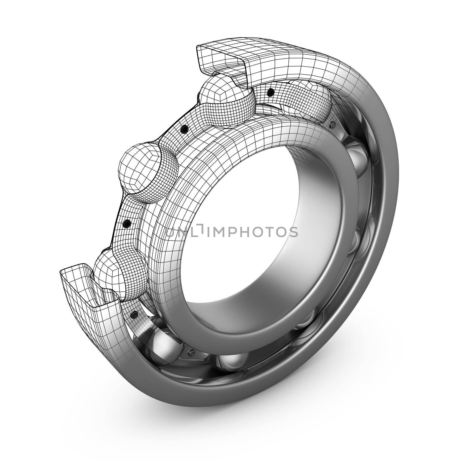 View of ball bearing structures in a cut. 3D render.