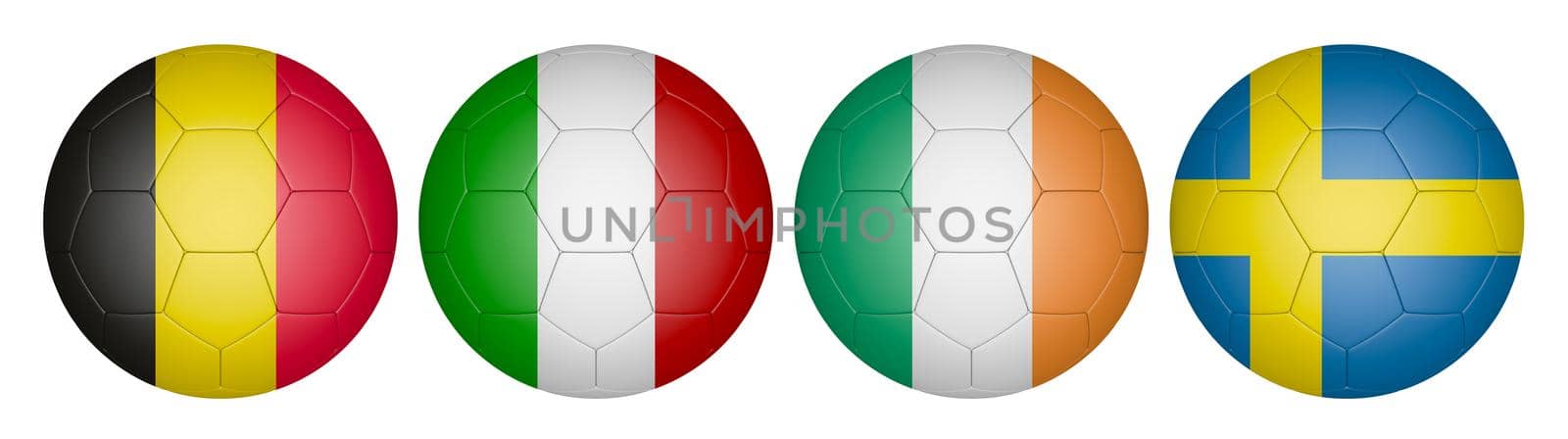 balls with flags of the  Championship, group e,3D rendering.