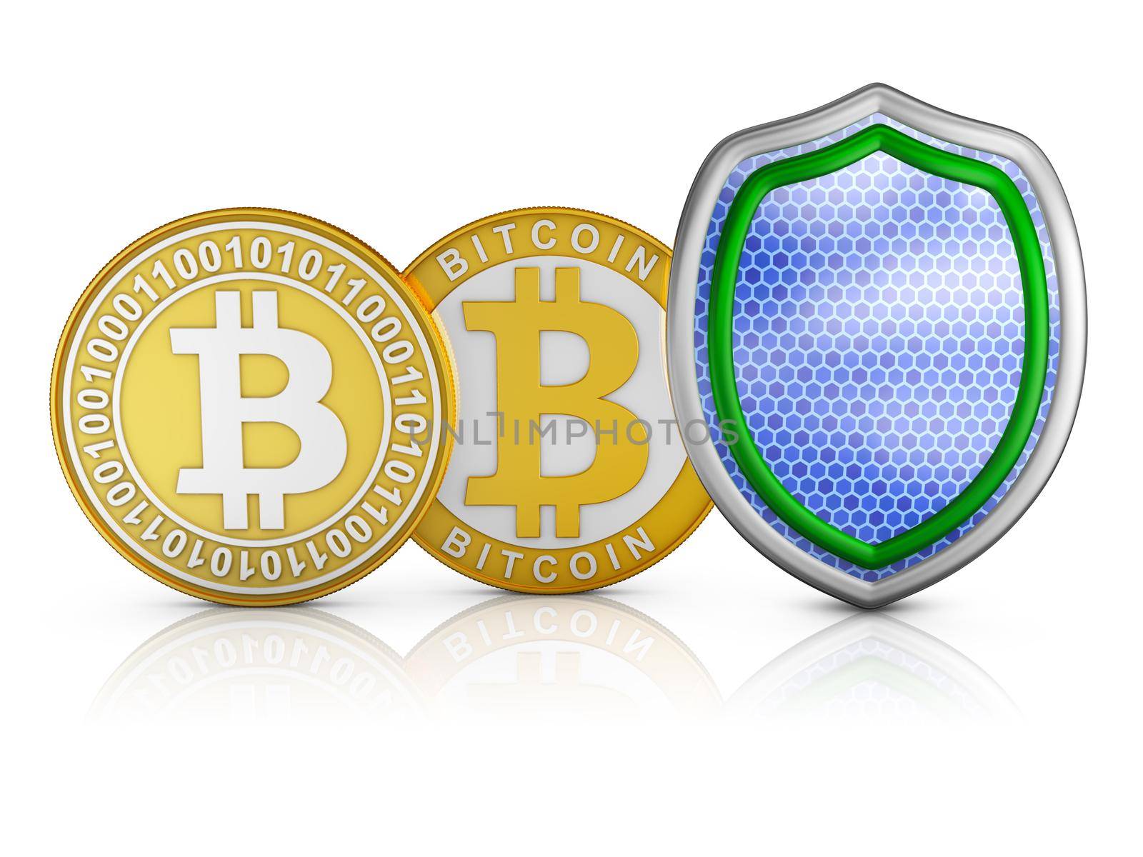 Bitcoins stacks of and shield, 3d render
