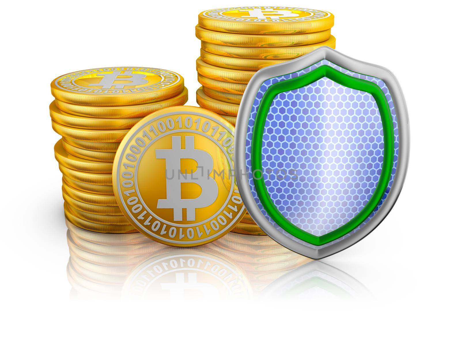Bitcoins stacks of and shield, 3d render