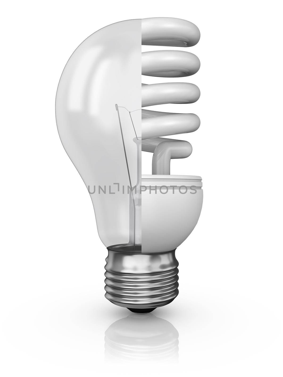 collage of incandescent and fluorescent lamp on a white background