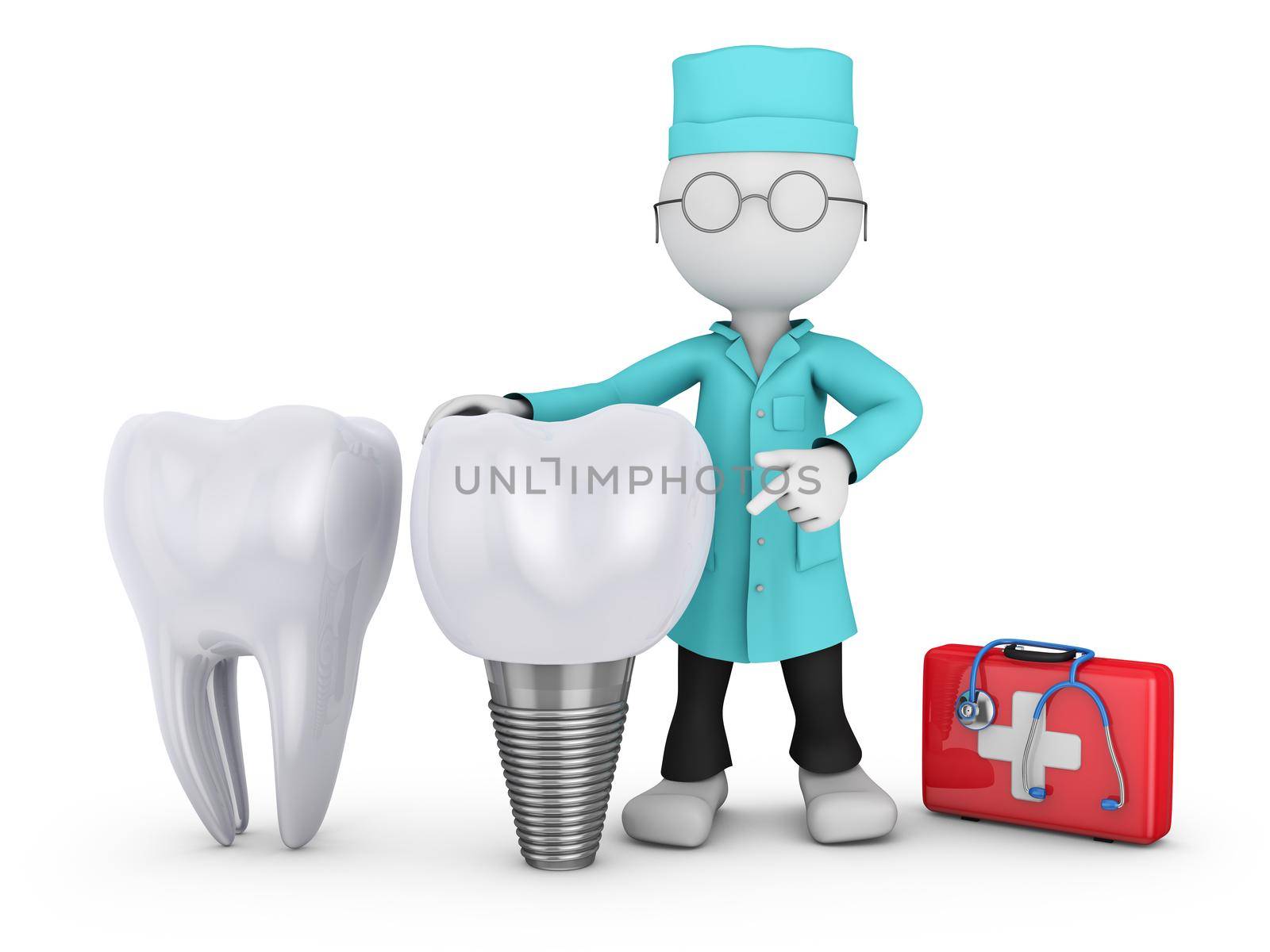 dentist with glasses and a tooth implant, 3d render