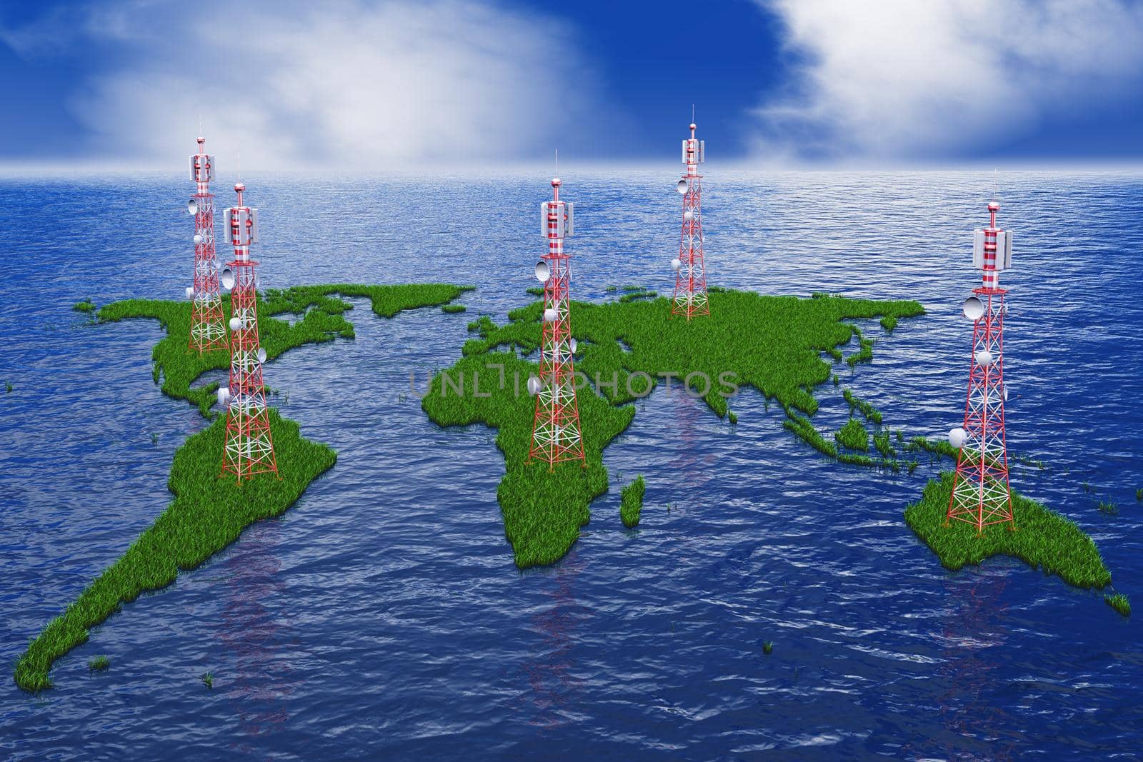 the grassy continents with antennas, 3d render