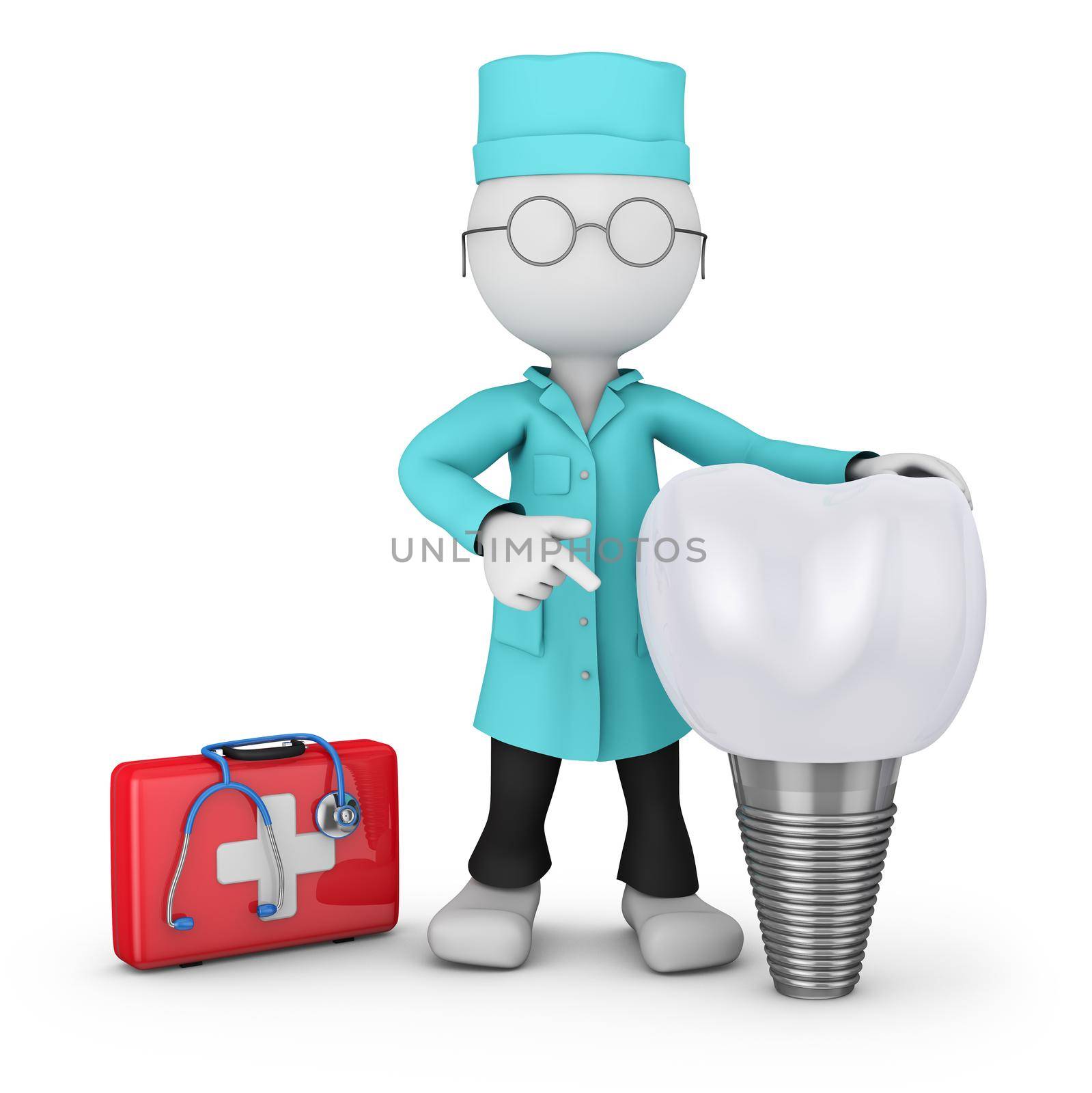 dentist with glasses and a tooth implant, 3d render