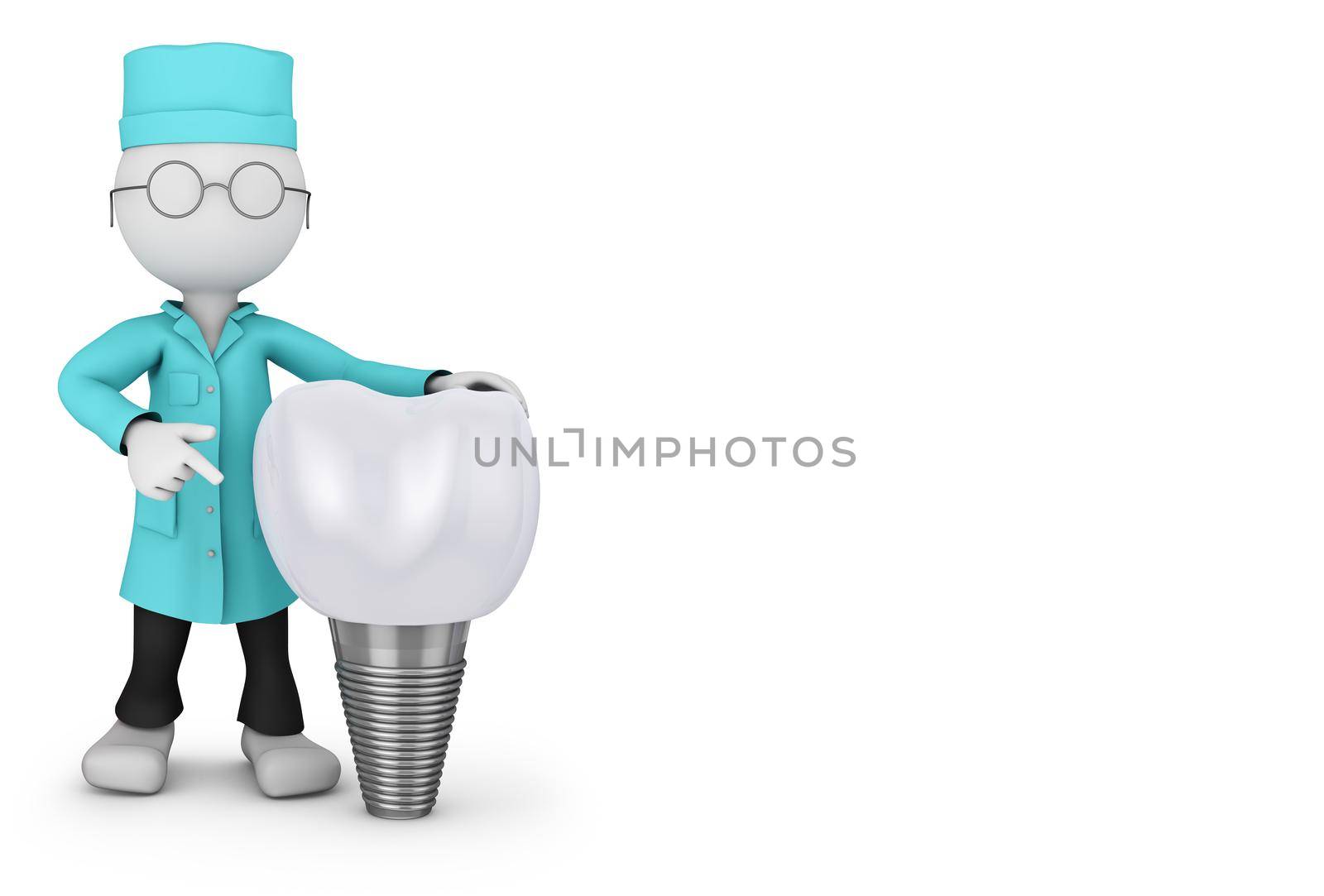 dentist with glasses and a tooth implant, 3d render