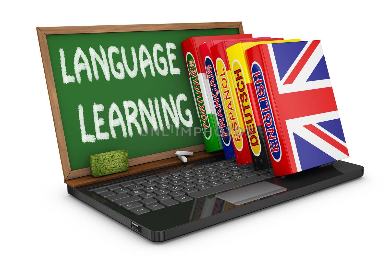 dictionaries and notebook with a board chalk