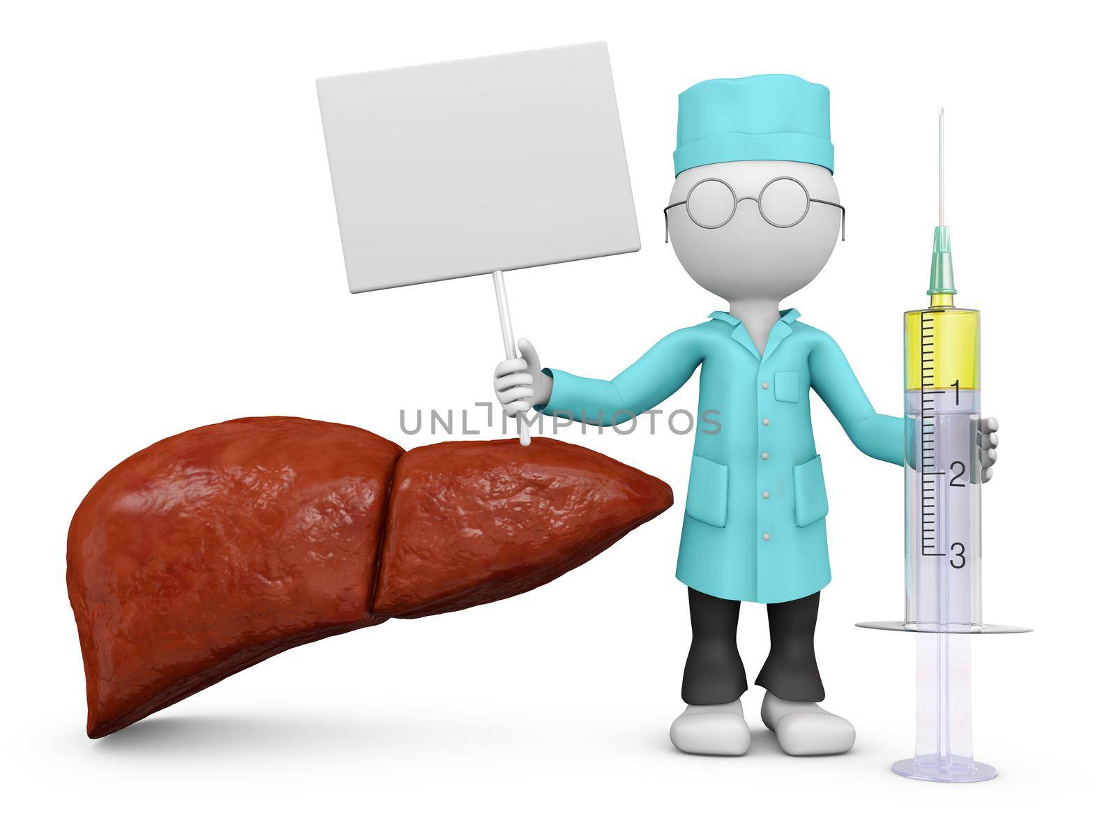 Doctor with a signboard next to liver,3D illustration