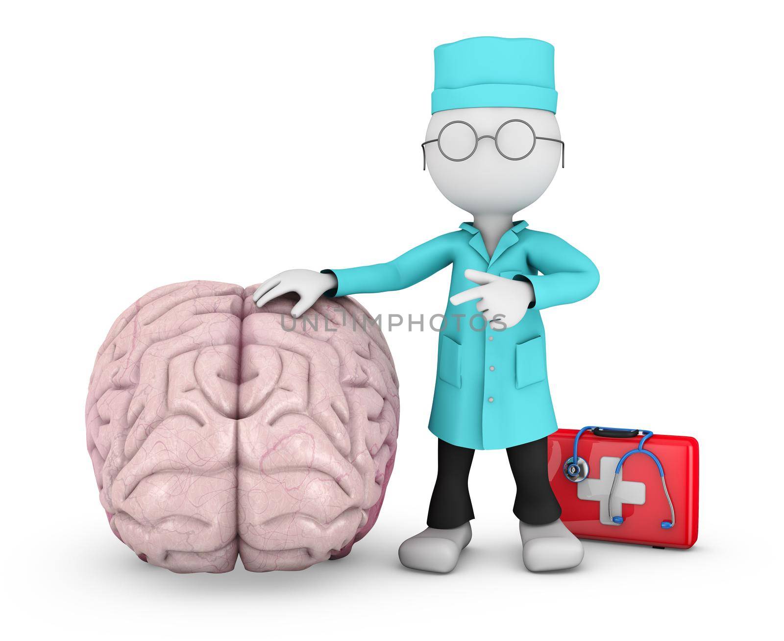 Doctor points to the human brain, 3d render