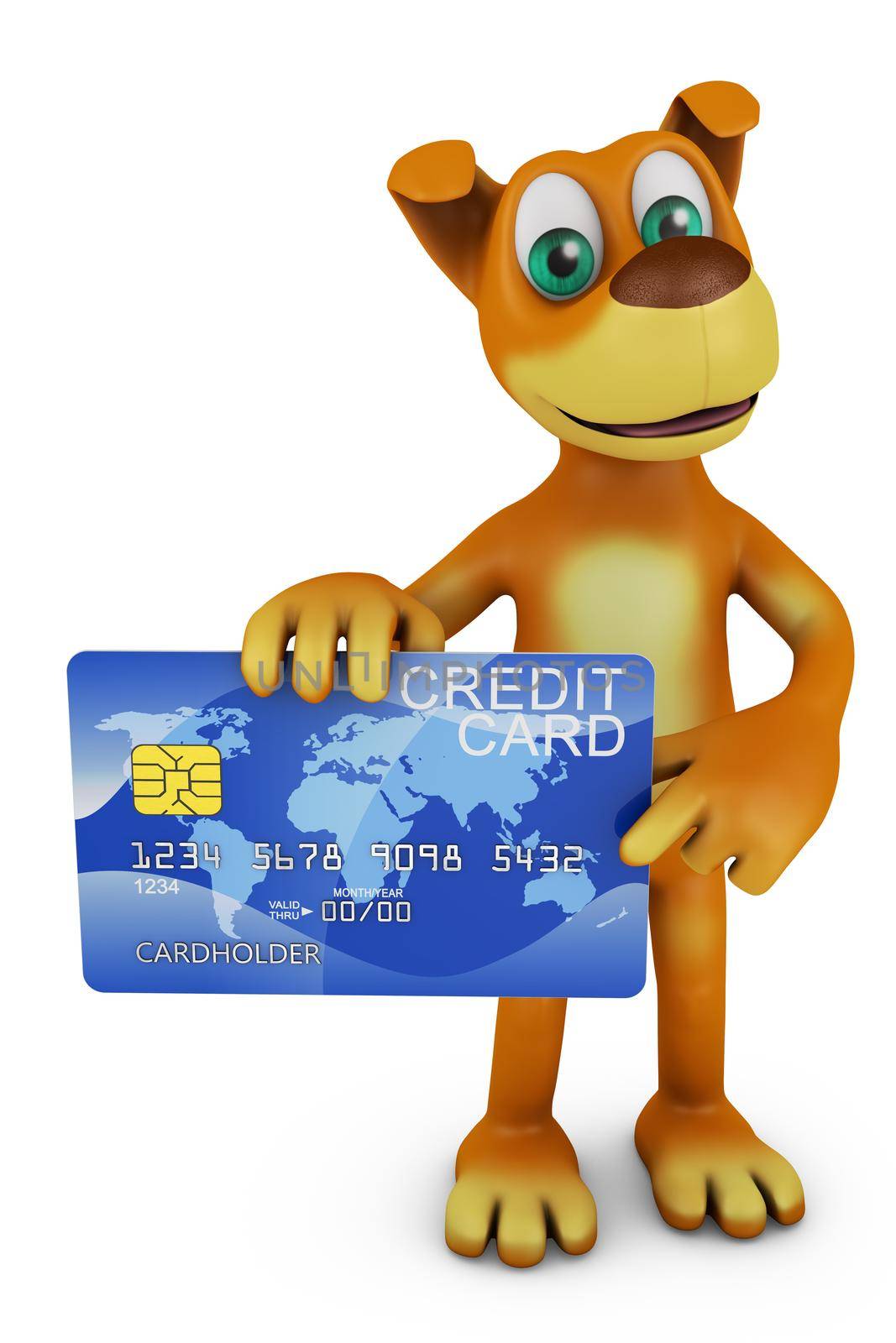 Cartoon dog holding a credit card in his paw. 3D render.