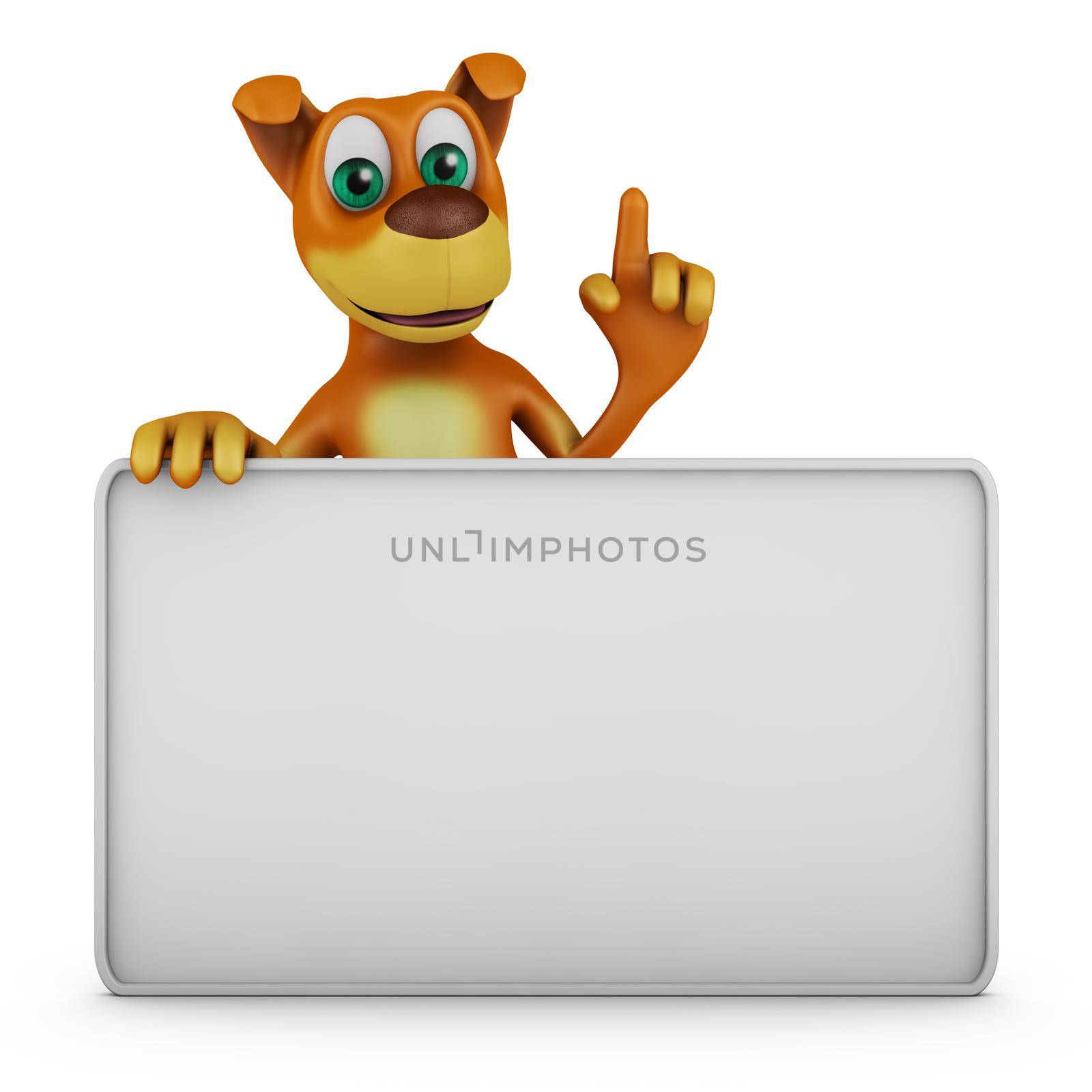 Cheerful dog near white board. 3D render.