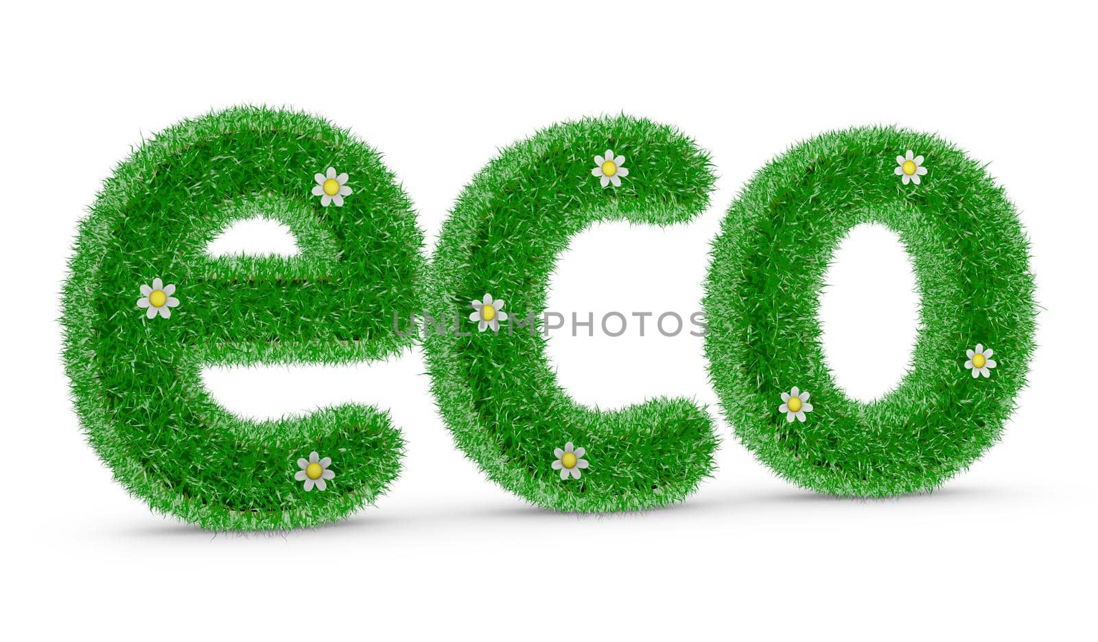 The volume inscription ECO covered with grass and flowers. 3d render.