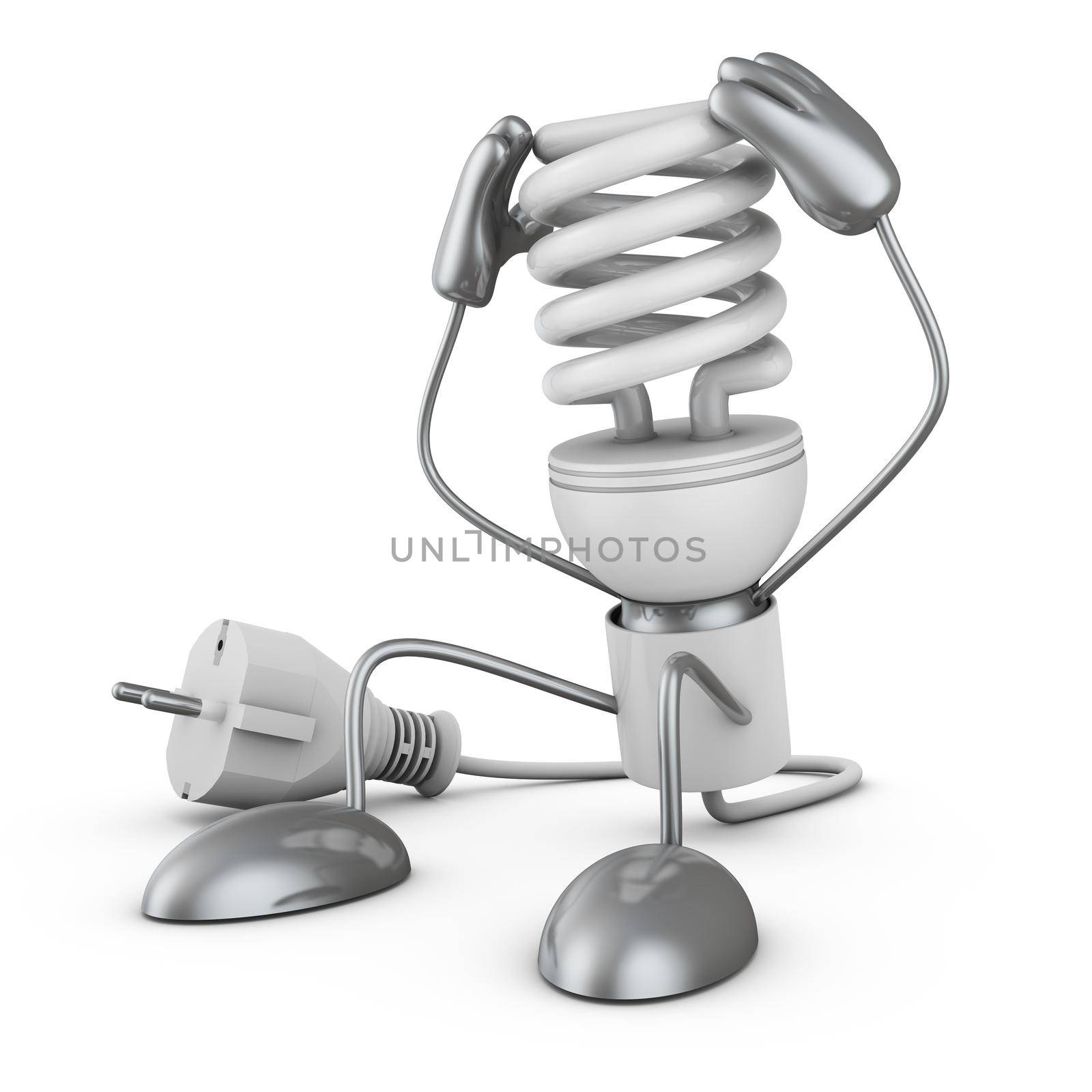 Energy saving lamp holding his hands behind his head. 3D render.