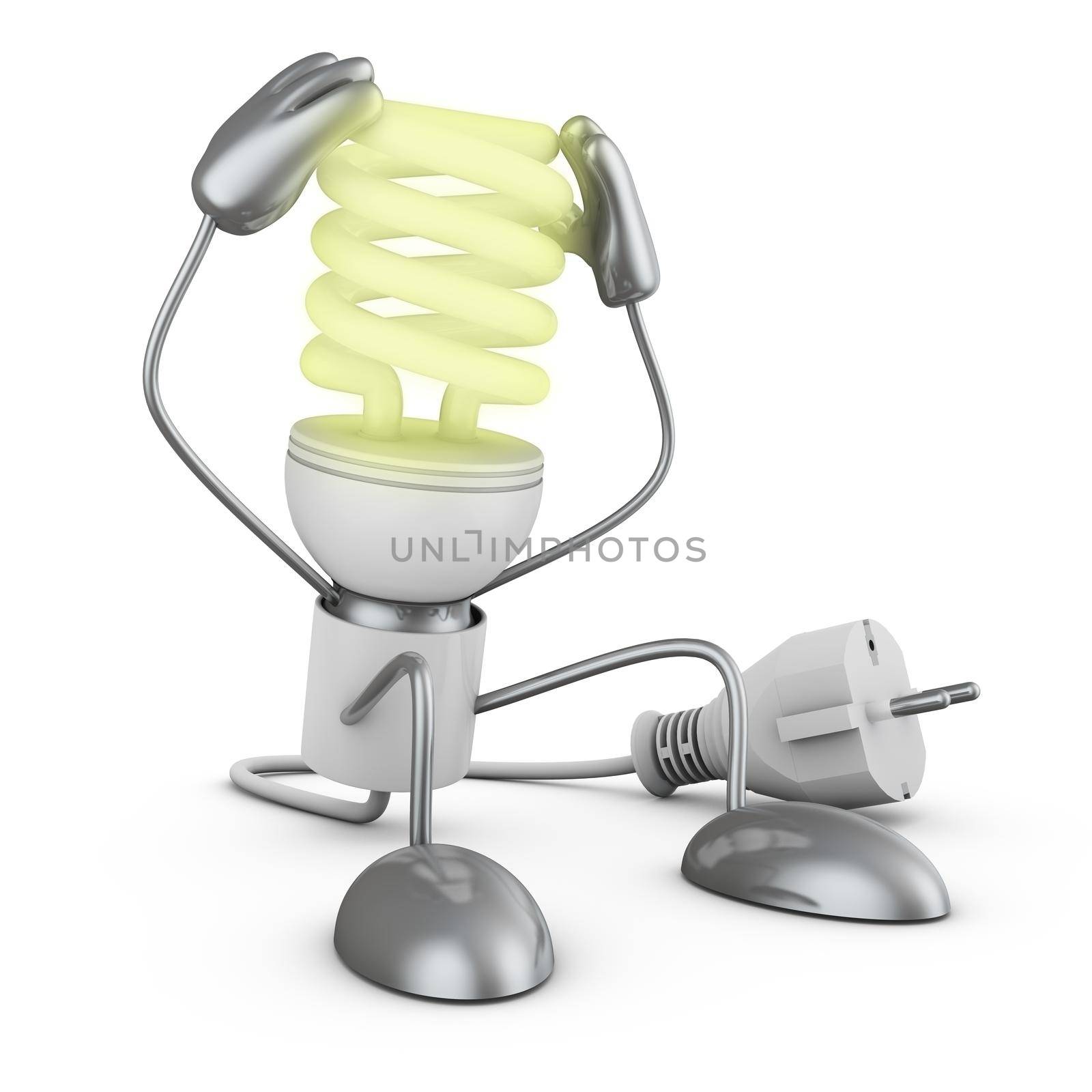 Energy saving lamp holding his hands behind his head. 3D render.