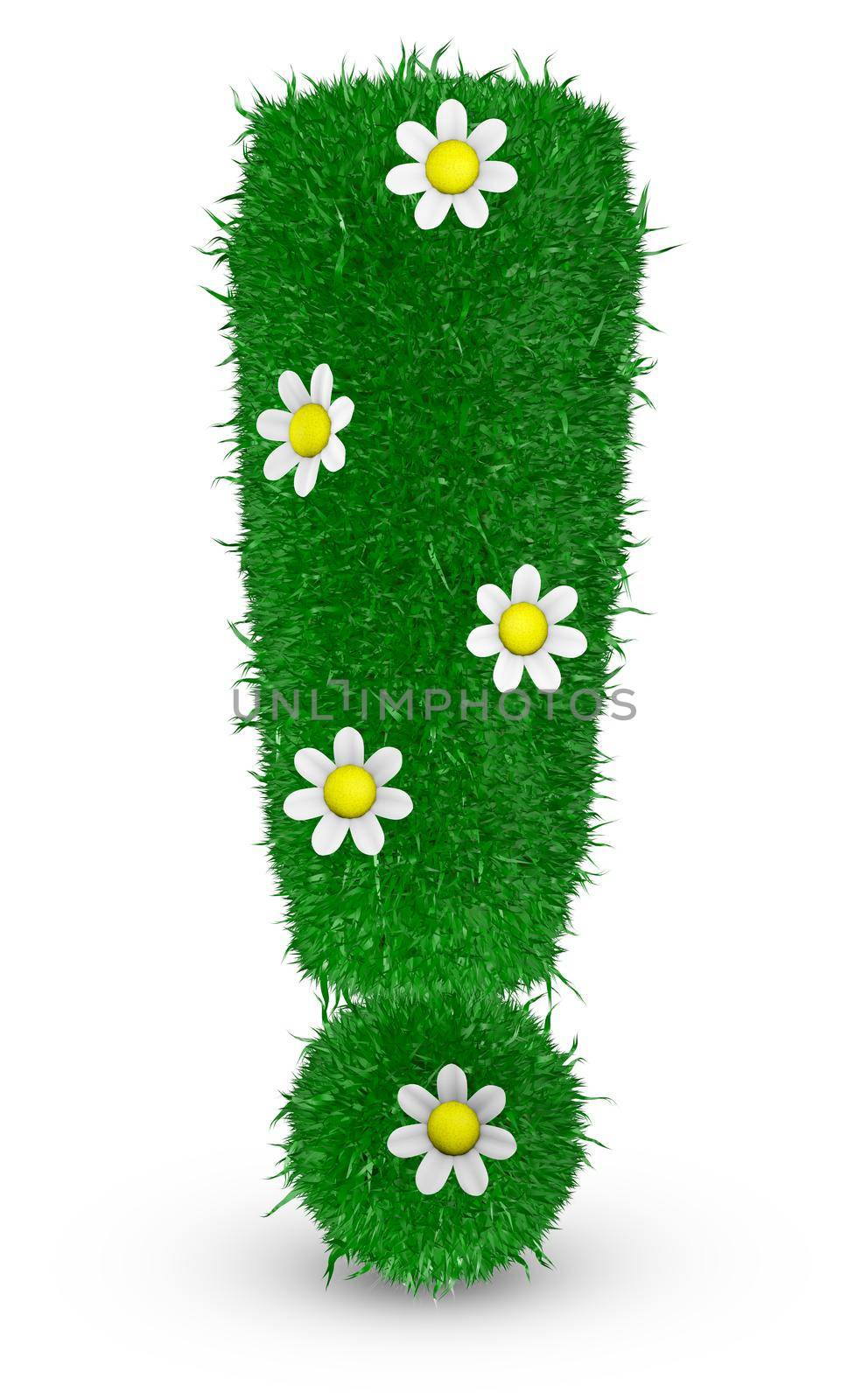 Exclamation mark covered grass and flowers, 3d render.