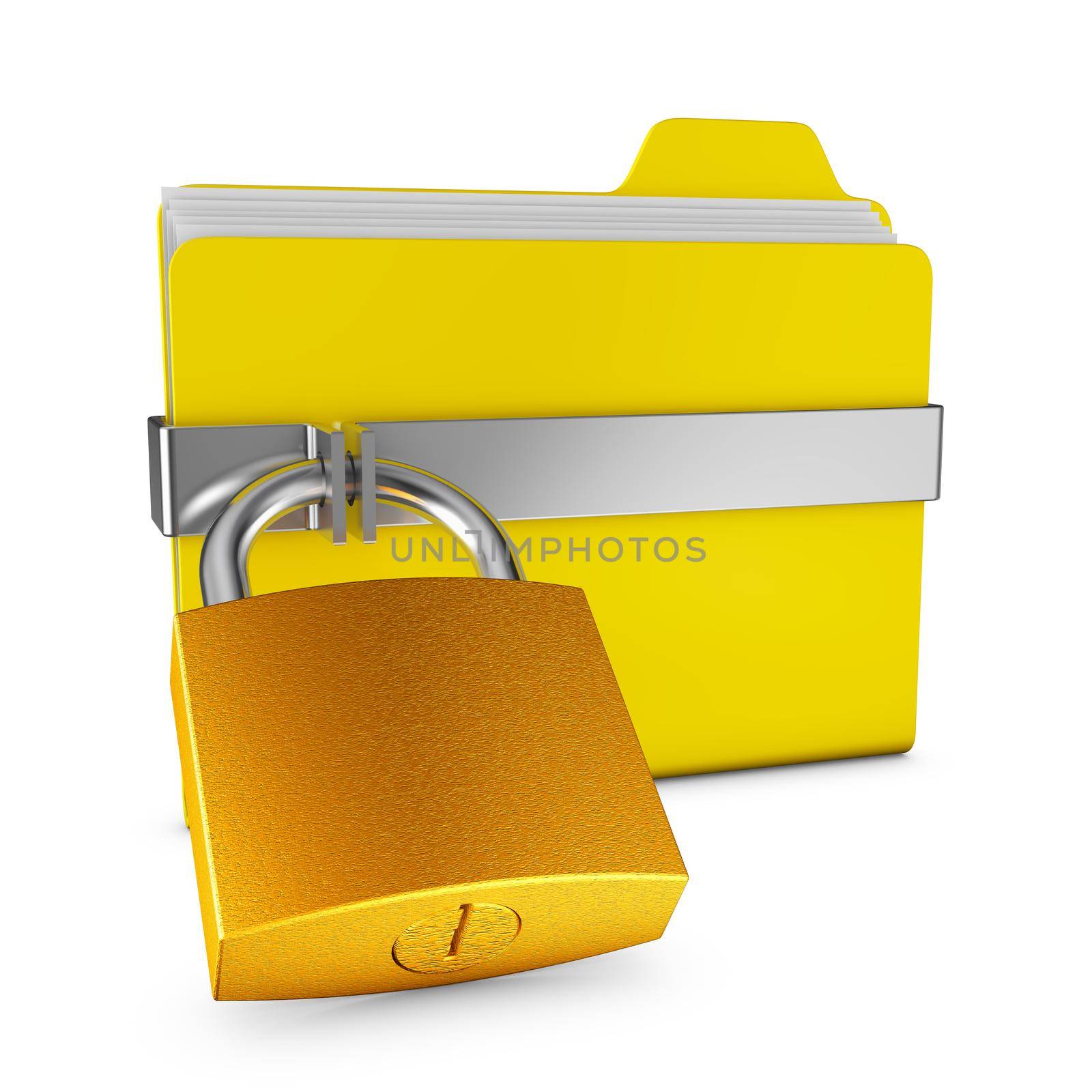 Yellow folder and a metal lock on a white background