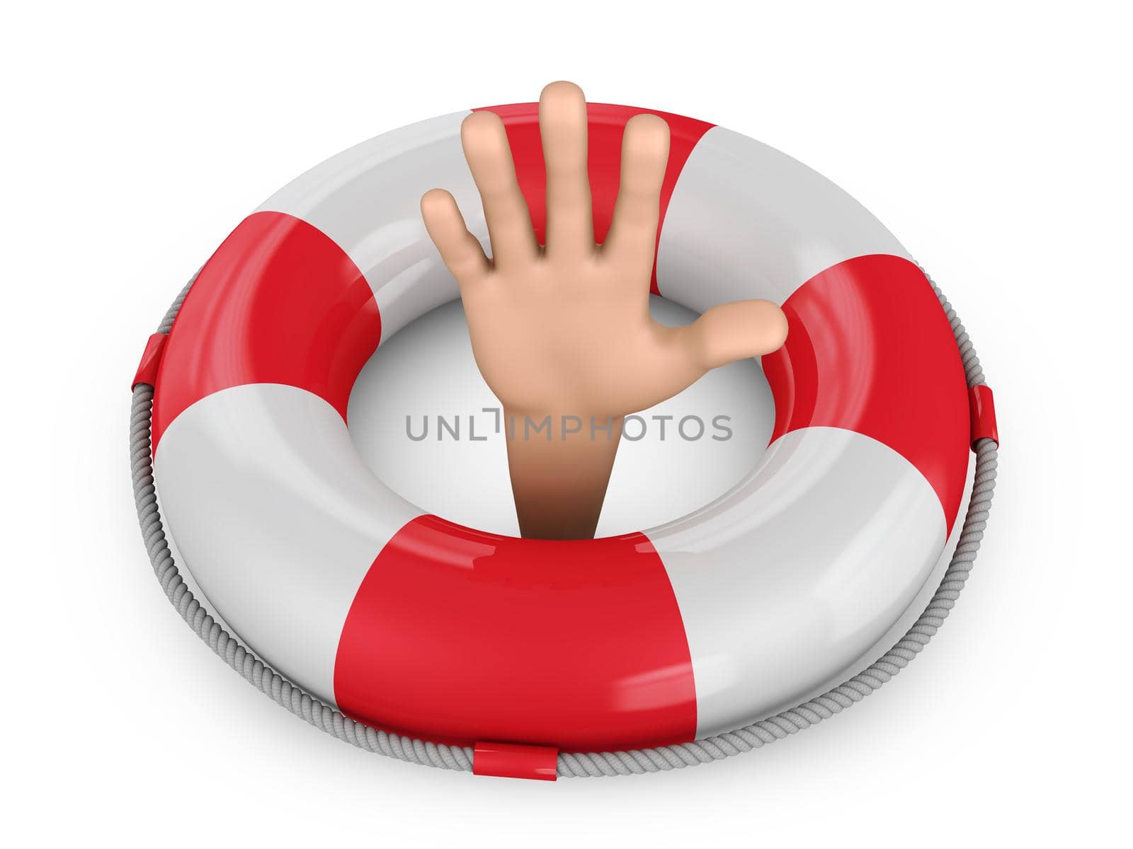 Human hand in a lifebuoy ring. 3d render.
