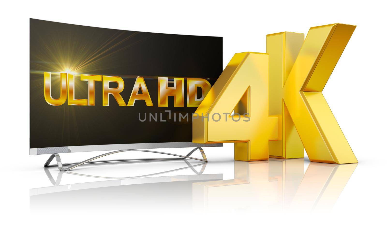Ultra HD TV and the volume inscription 4k, 3d render.