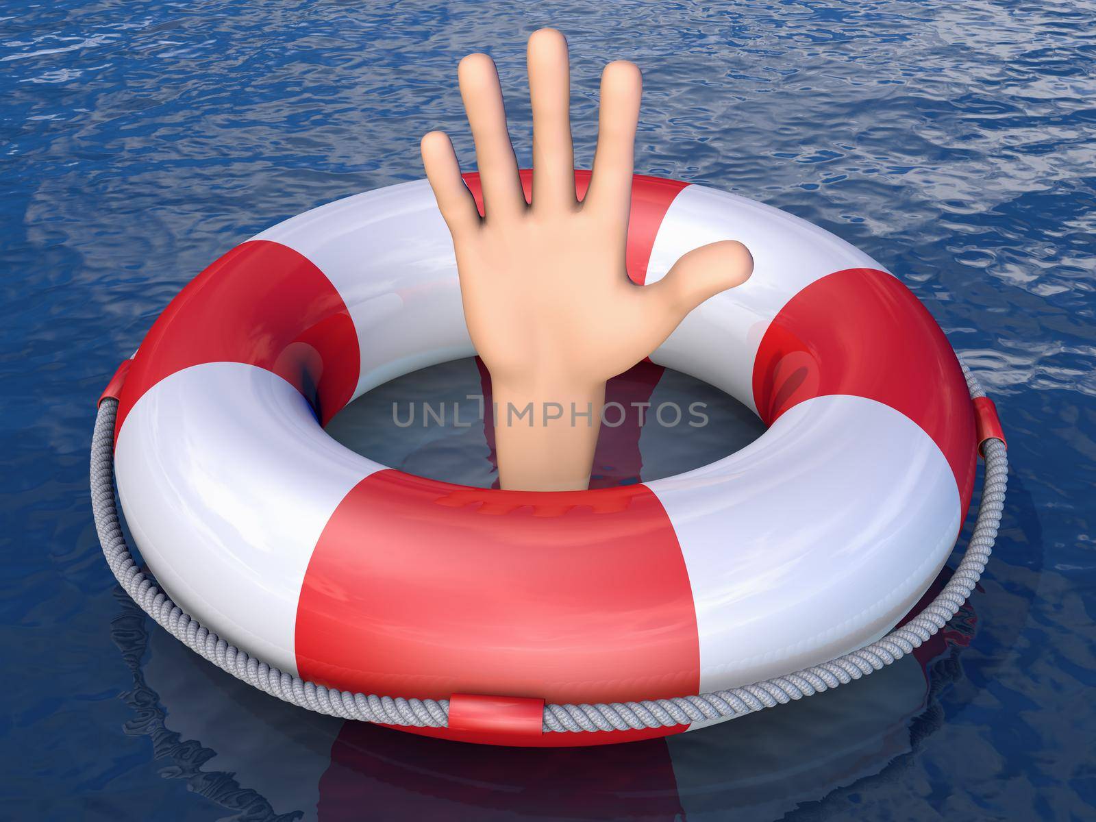 Human hand in a lifebuoy ring. 3d render.