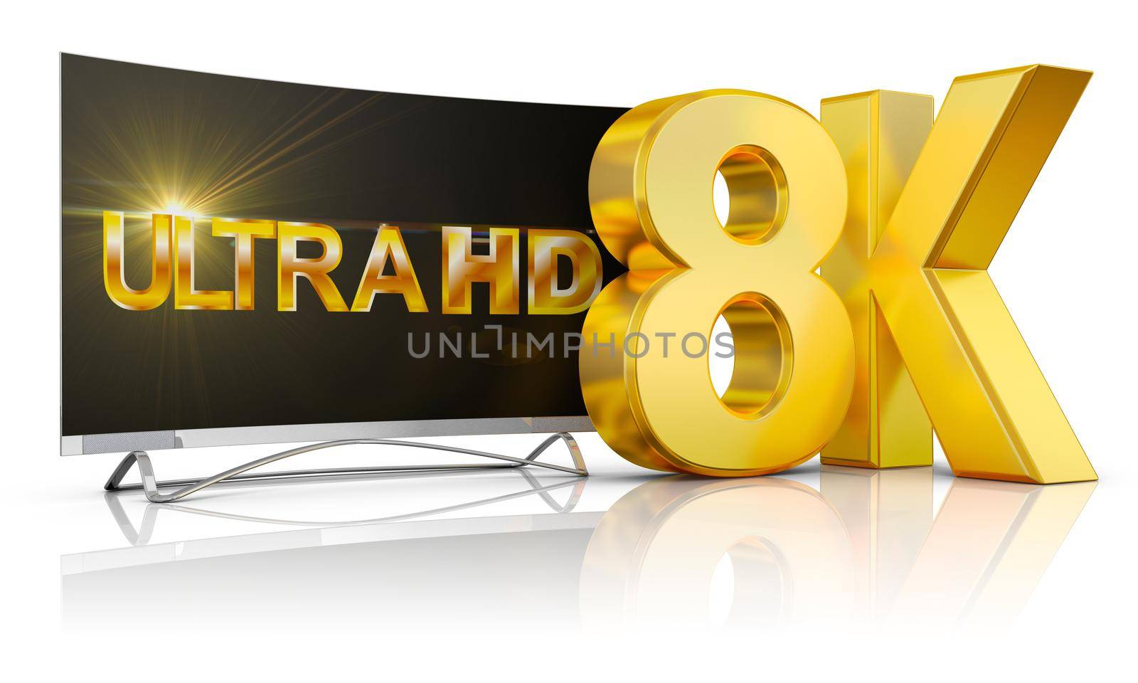 Ultra HD TV and the volume inscription 8k, 3d render.