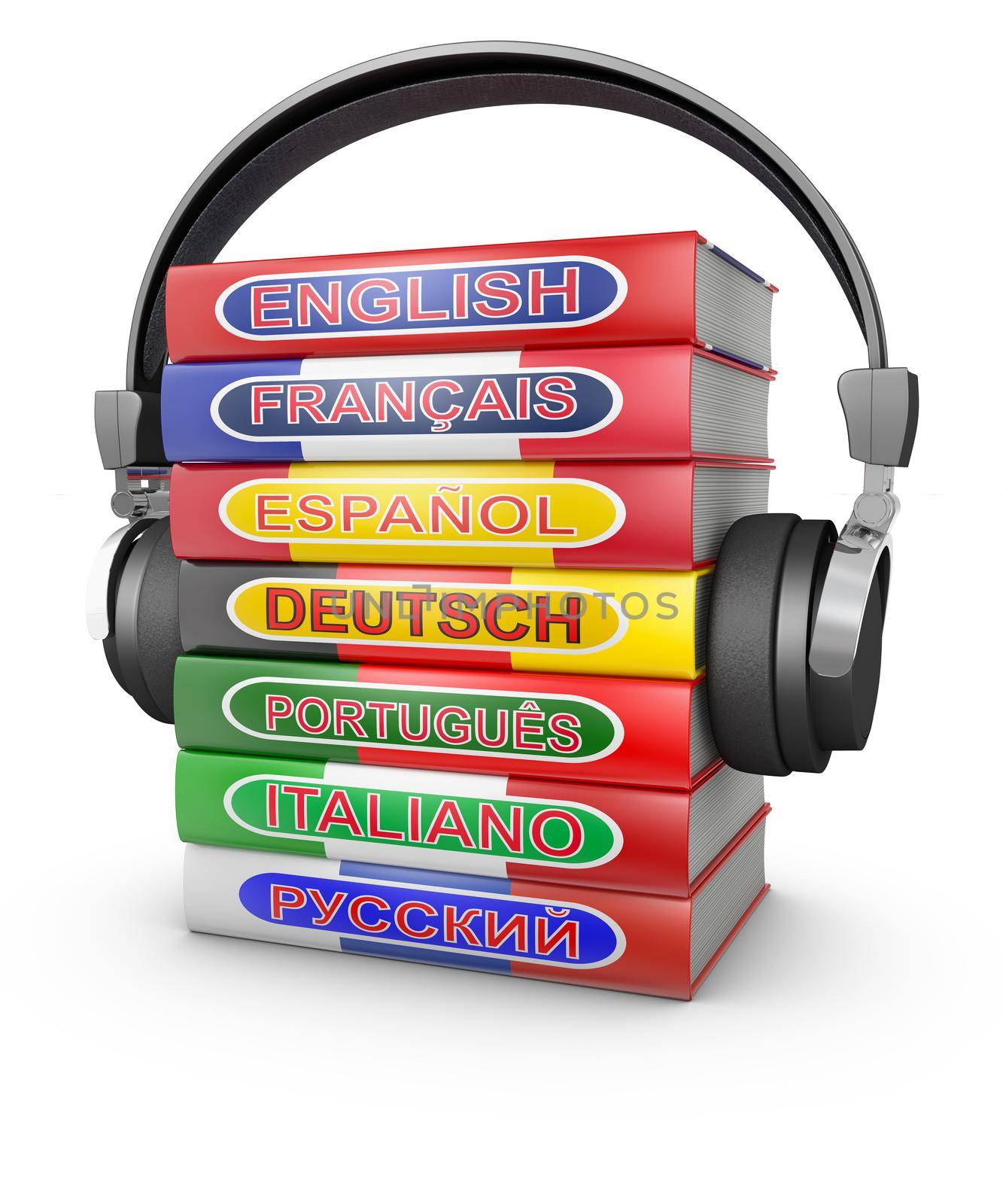 Headphones and a stack of books on language learning,3D illustration