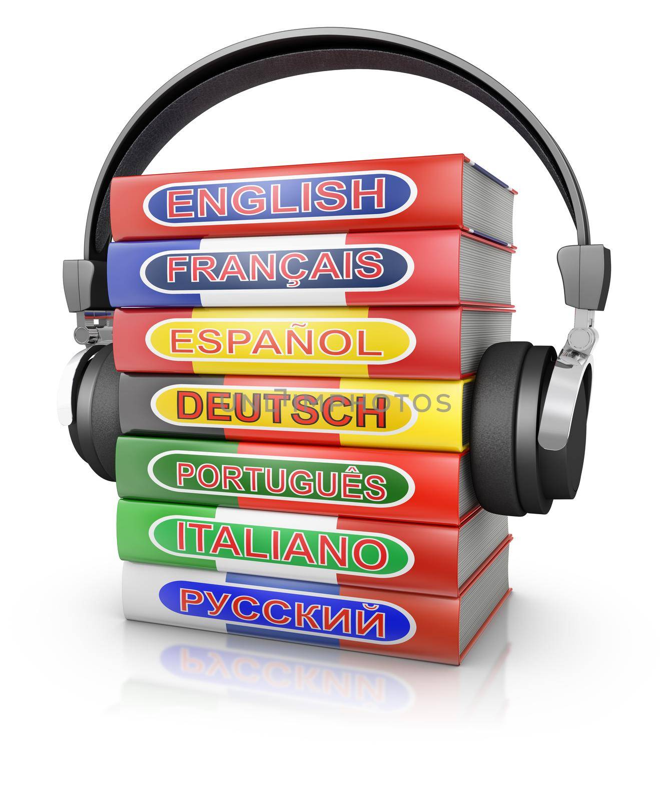 Headphones and a stack of books on language learning, 3D illustration