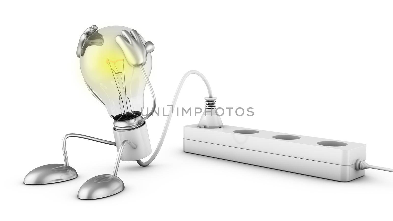 Incandescent lamp holding his hands behind his head. 3d render.