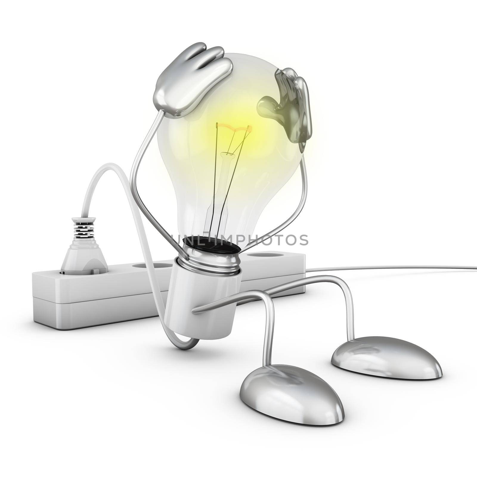 Incandescent lamp holding his hands behind his head. 3d render.